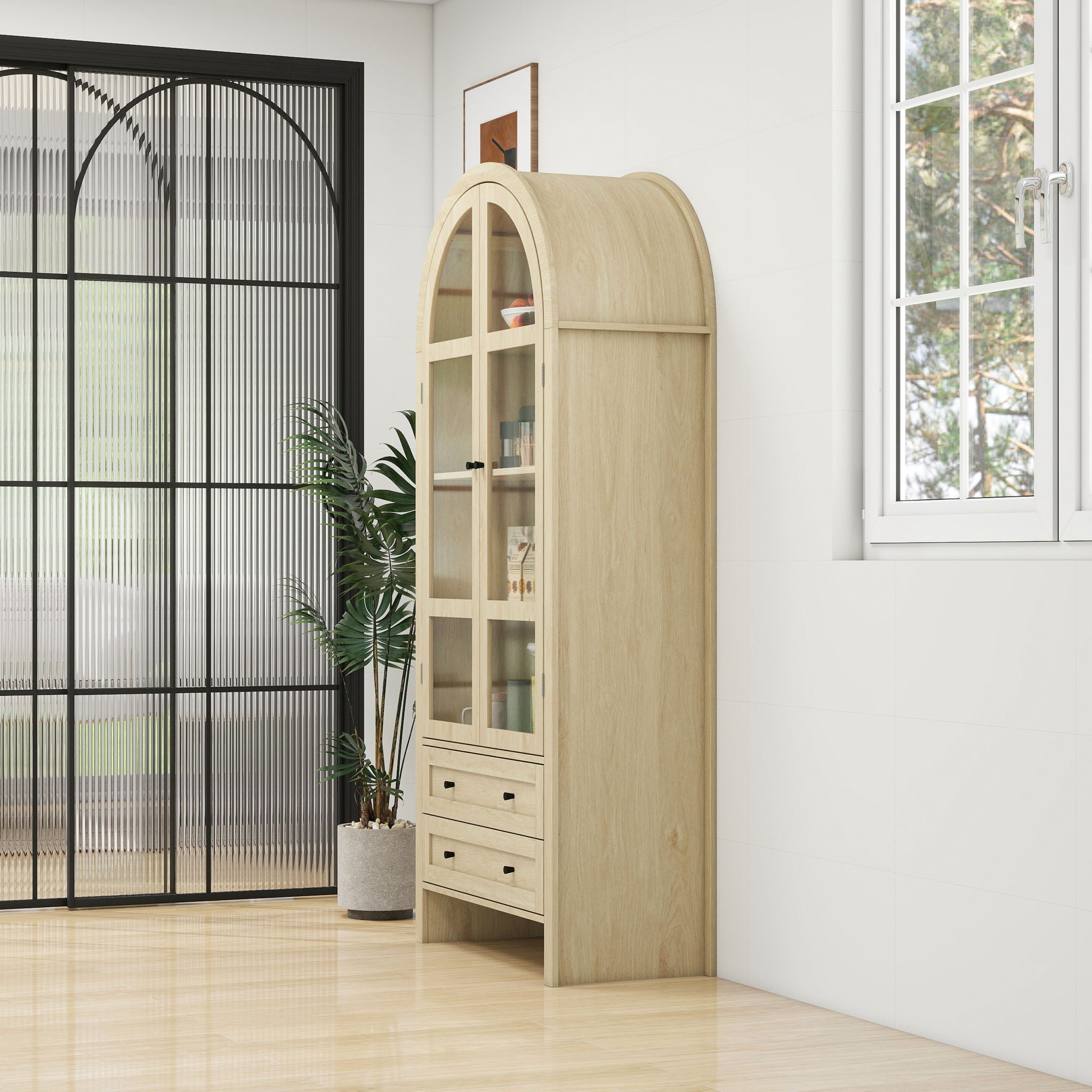 Tall Arched Kitchen Pantry, Modern Farmhouse Wood Kitchen Storage Cabinets, Arched Storage Display Cabinet With Adjustable Shelves, Versatile Cupboard For Kitchen, Dining Room, Living Room - Natural