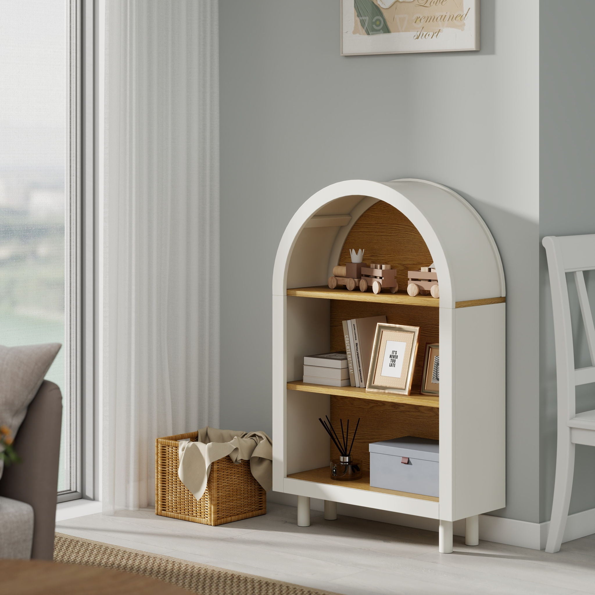 Arched Small Bookcase, Storage Cabinet, Bookshelf With 3 Shelves For Living Room - Oak / White