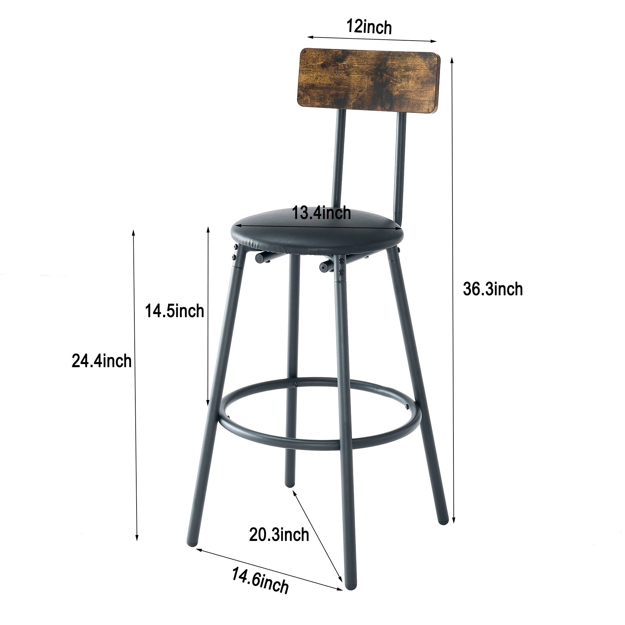 Rustic Brown Round Bar Table And Stool Set With Shelf, Upholstered Stool With Backrest - Antique Brown
