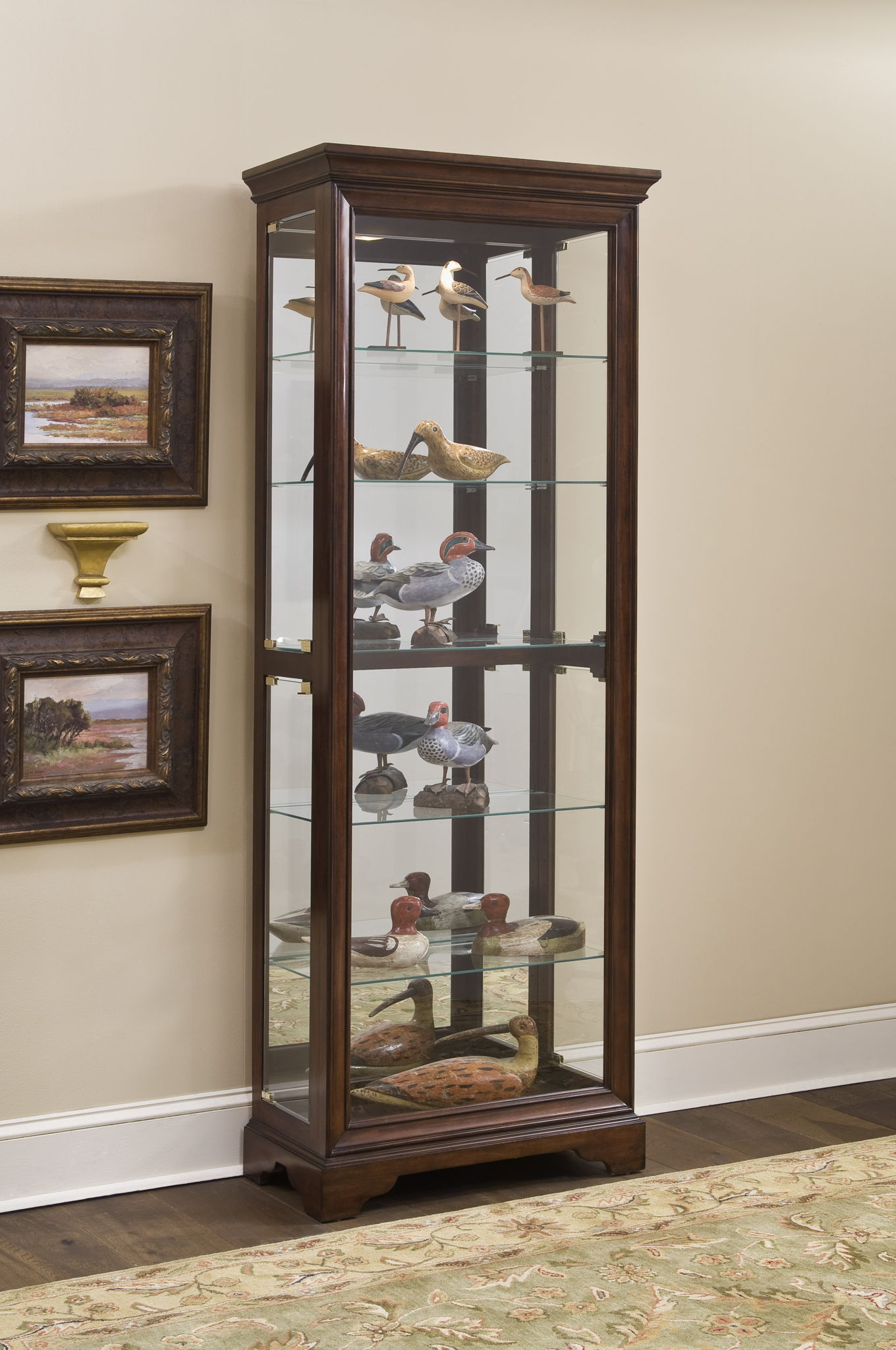 PFC Curios - Mirrored 5 Shelf Gallery Curio Cabinet - Oak Brown