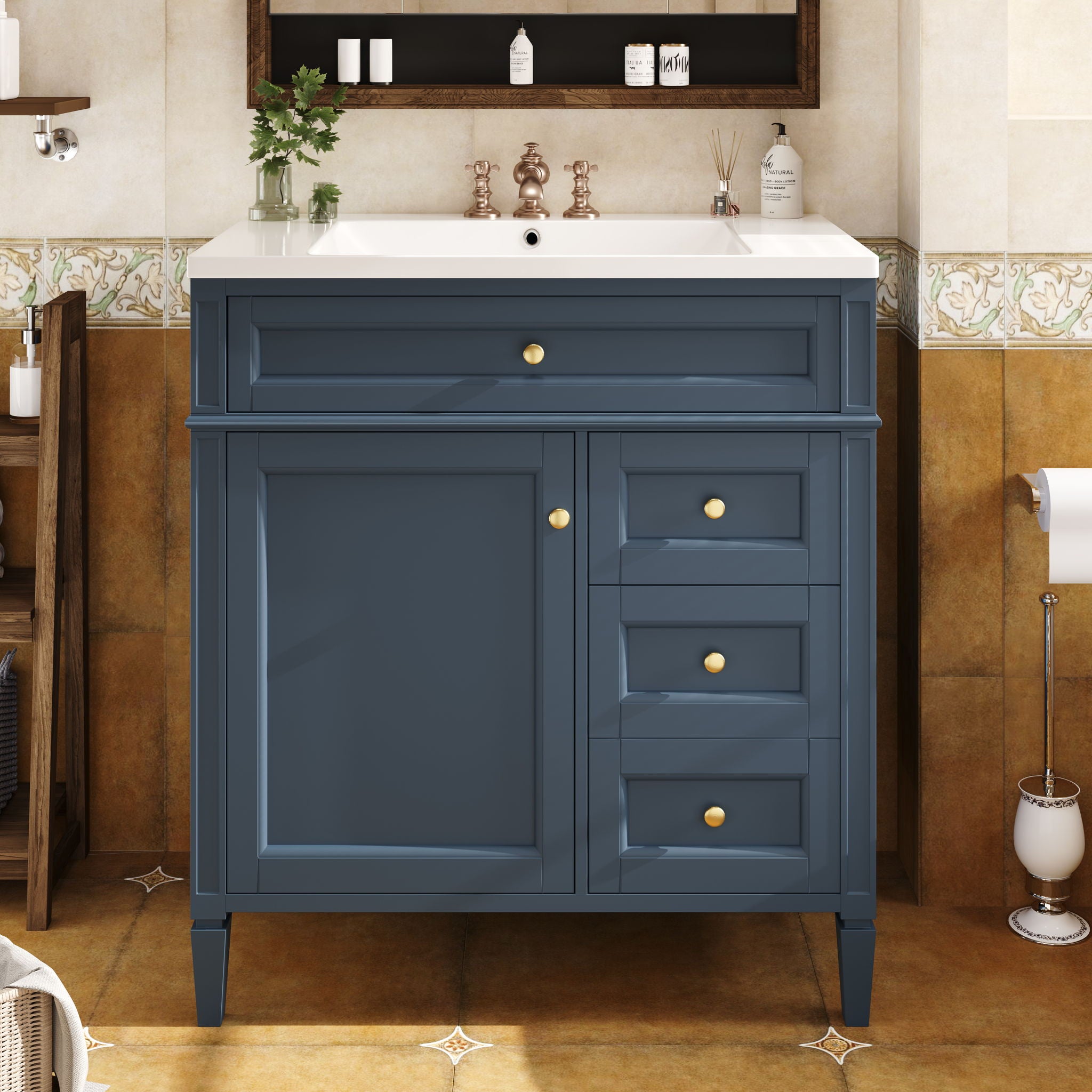 Bathroom Vanity With Top Sink, 2 Drawers And Tip Out Drawer, Rectangular Design