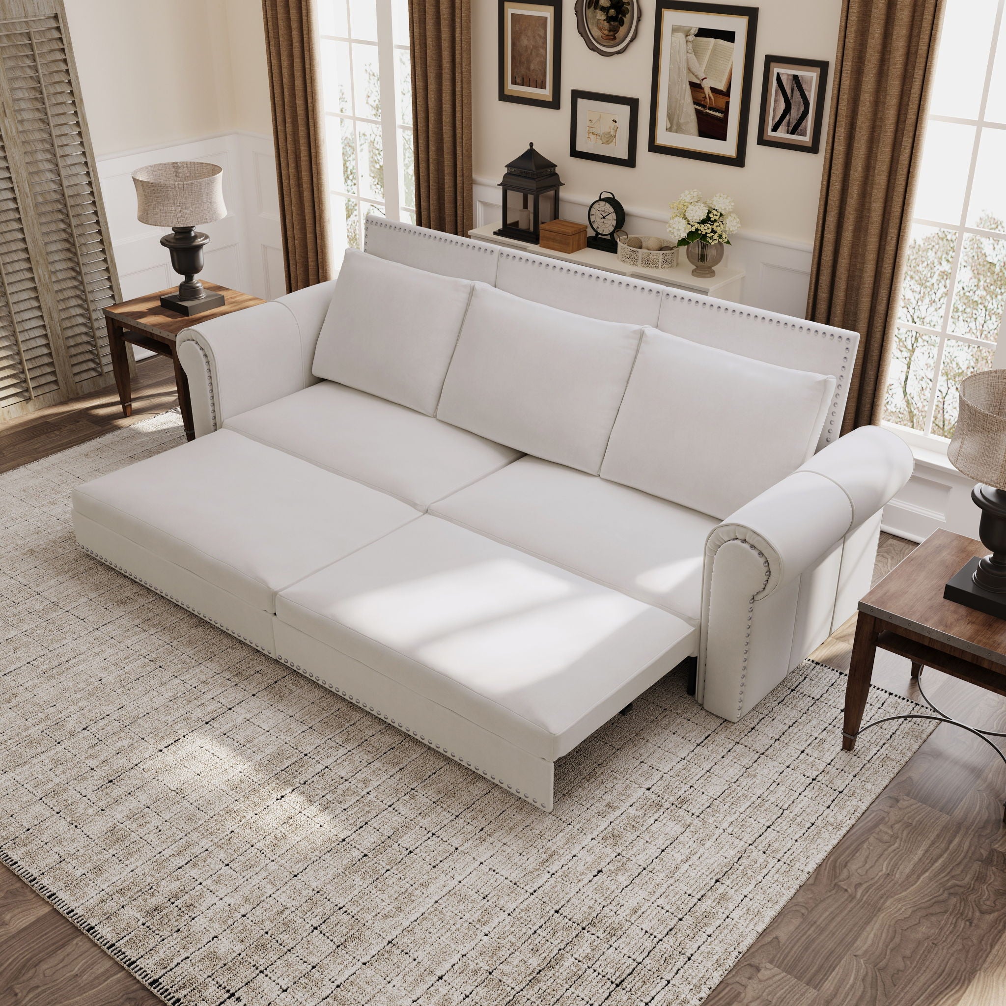 Pull Out Sofa Bed 3 In 1 Convertible Sleeper Sofa With Nailhead Trim & Rolled Arm, Multi Functional