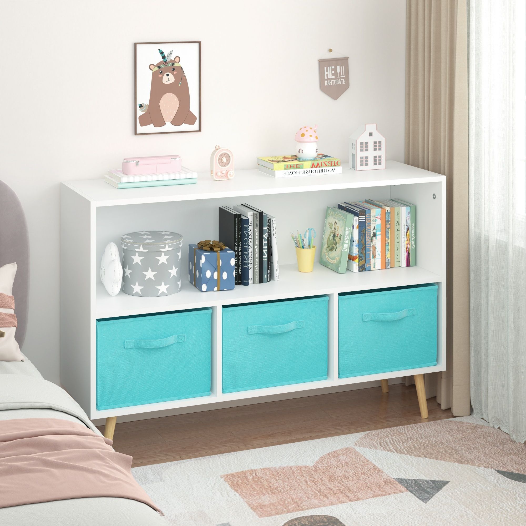 Bookcase With Collapsible Drawers, Book Display Storage Cabinet Organizer - White / Blue