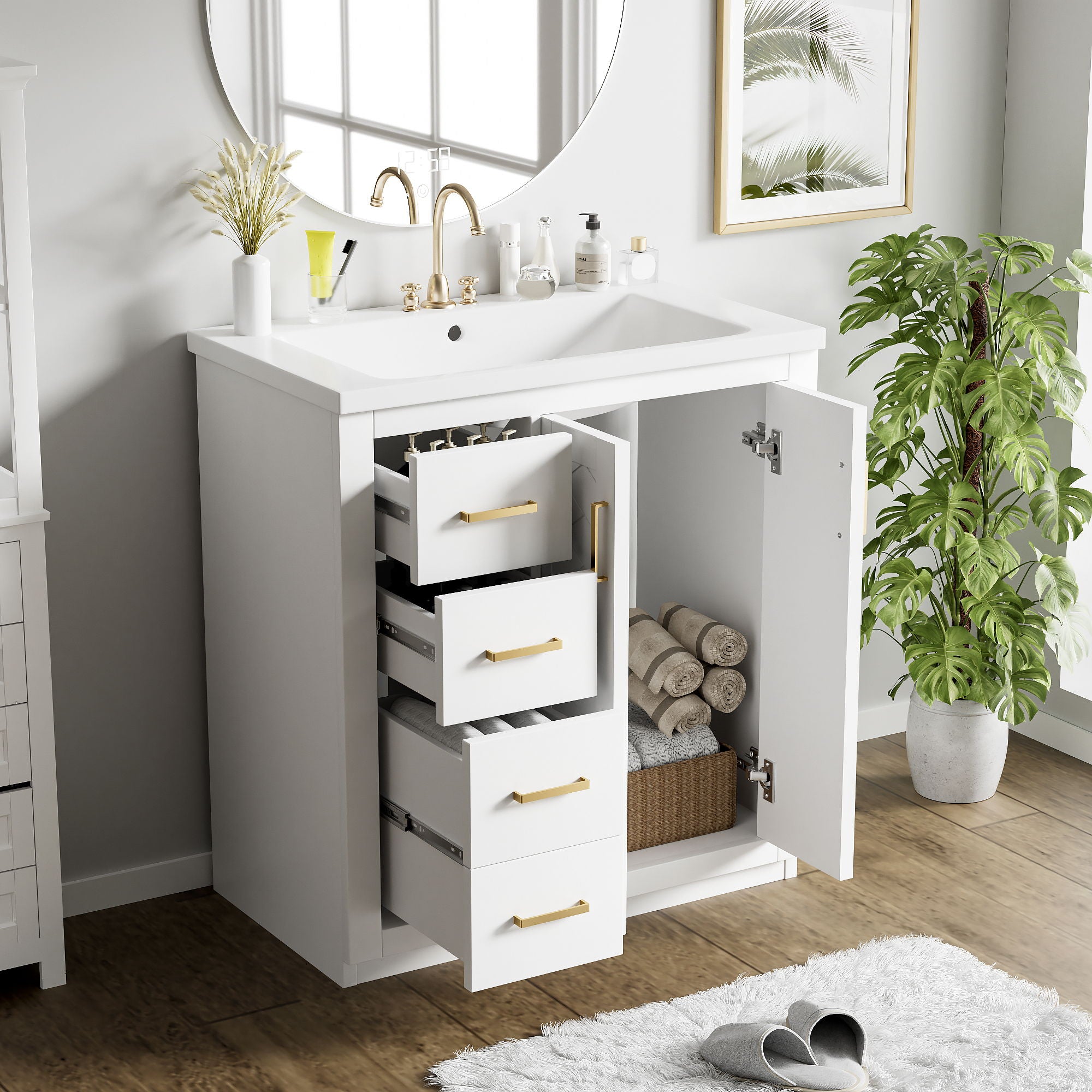 Ceramic Sink Combo, Freestanding Vanity Set With 3 Drawers & Soft Closing Doors