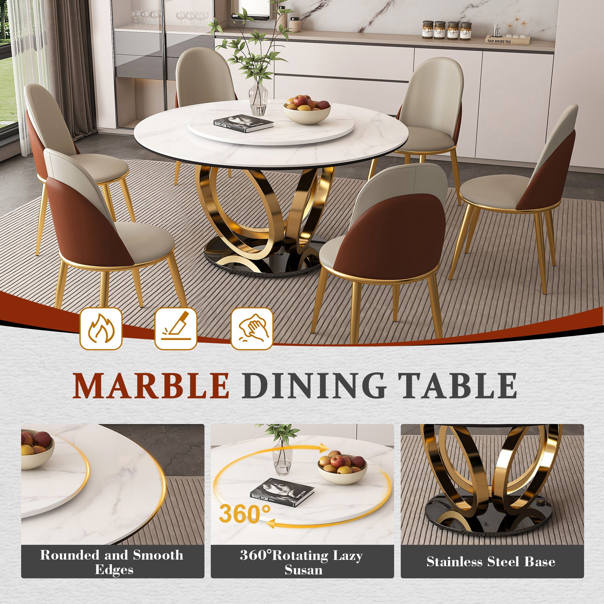 Round Dining Table With 360° Smooth Lazy Susan For Dining Room - Gold / Black / White