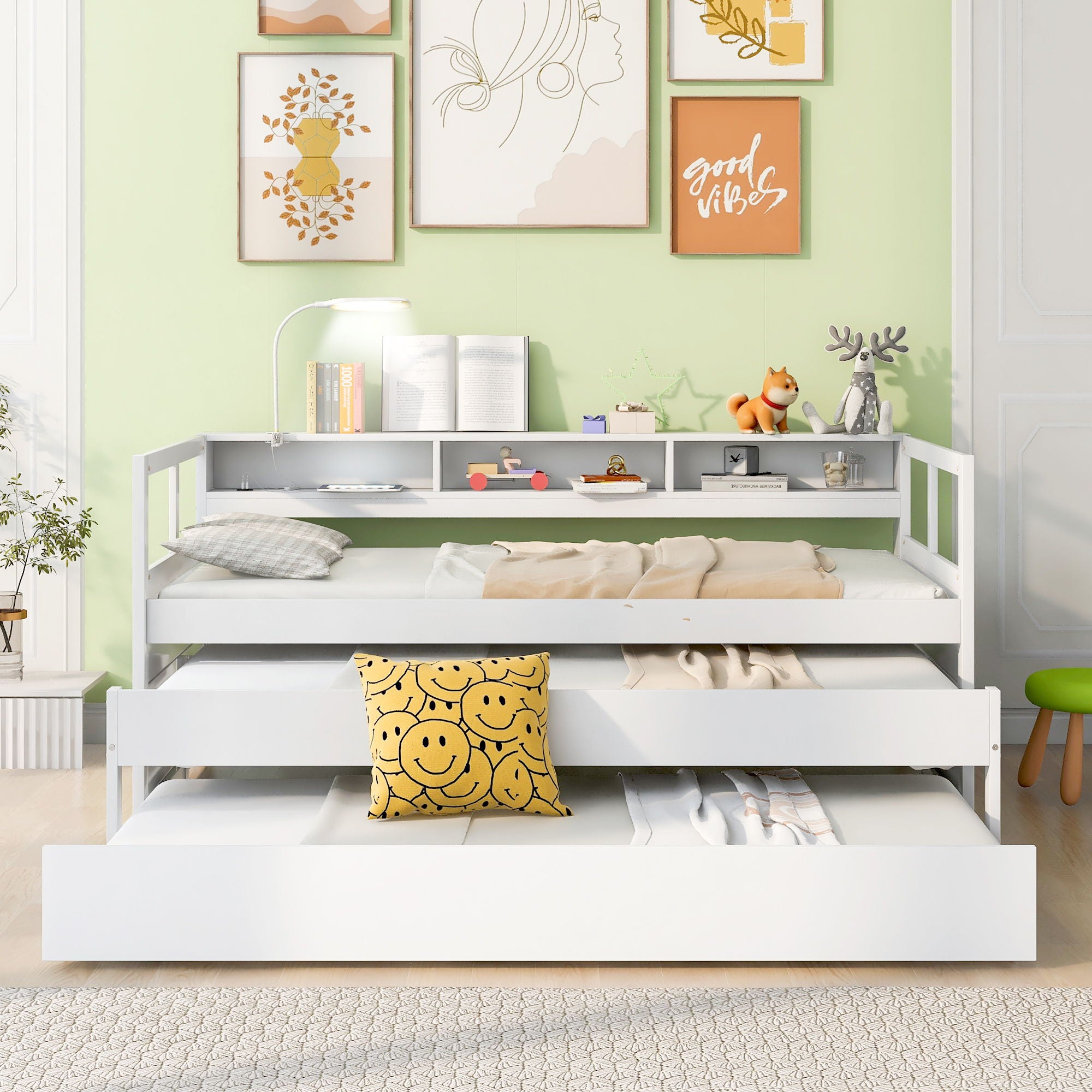 Daybed With 2 Trundles, 3 Storage Cubbies, Built In USB Charging Light