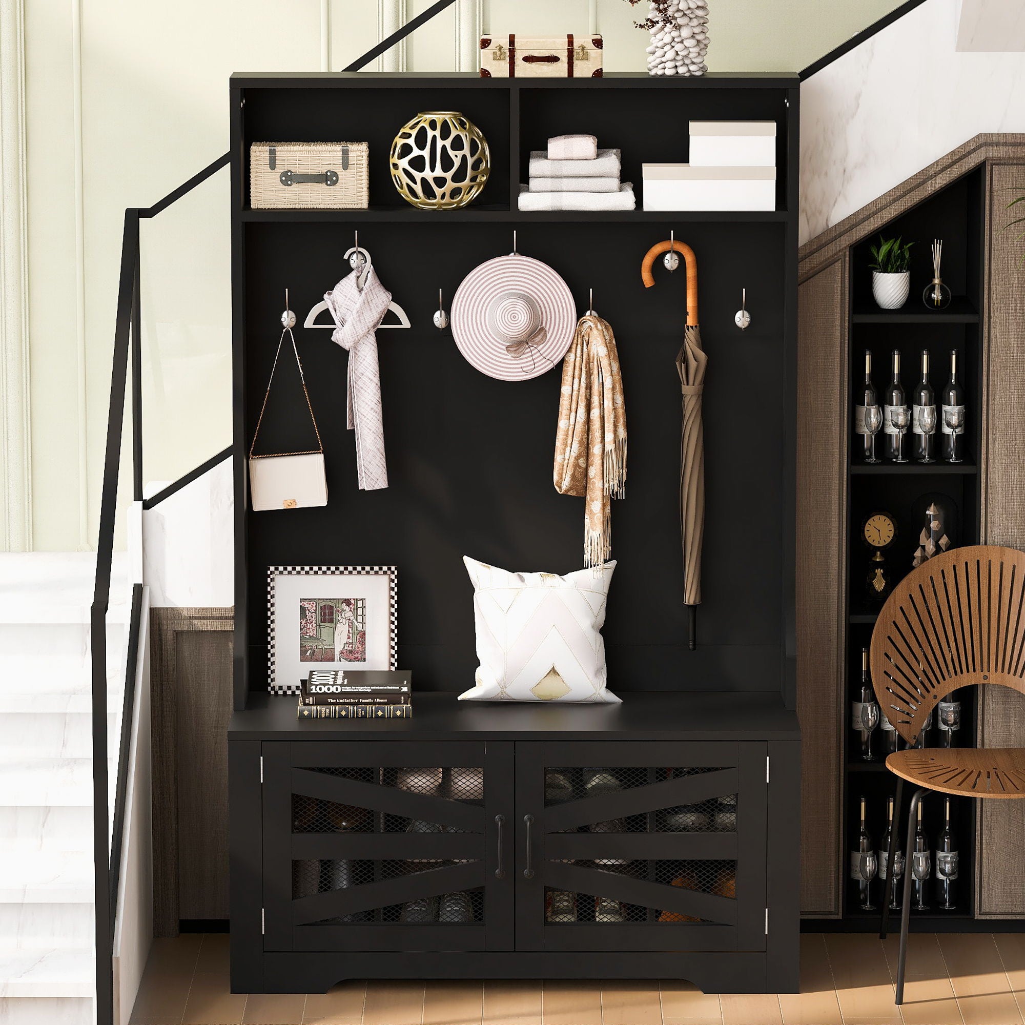 Entryway Bench With Coat Rack, 3 In 1 Design And Adjustable Shelves