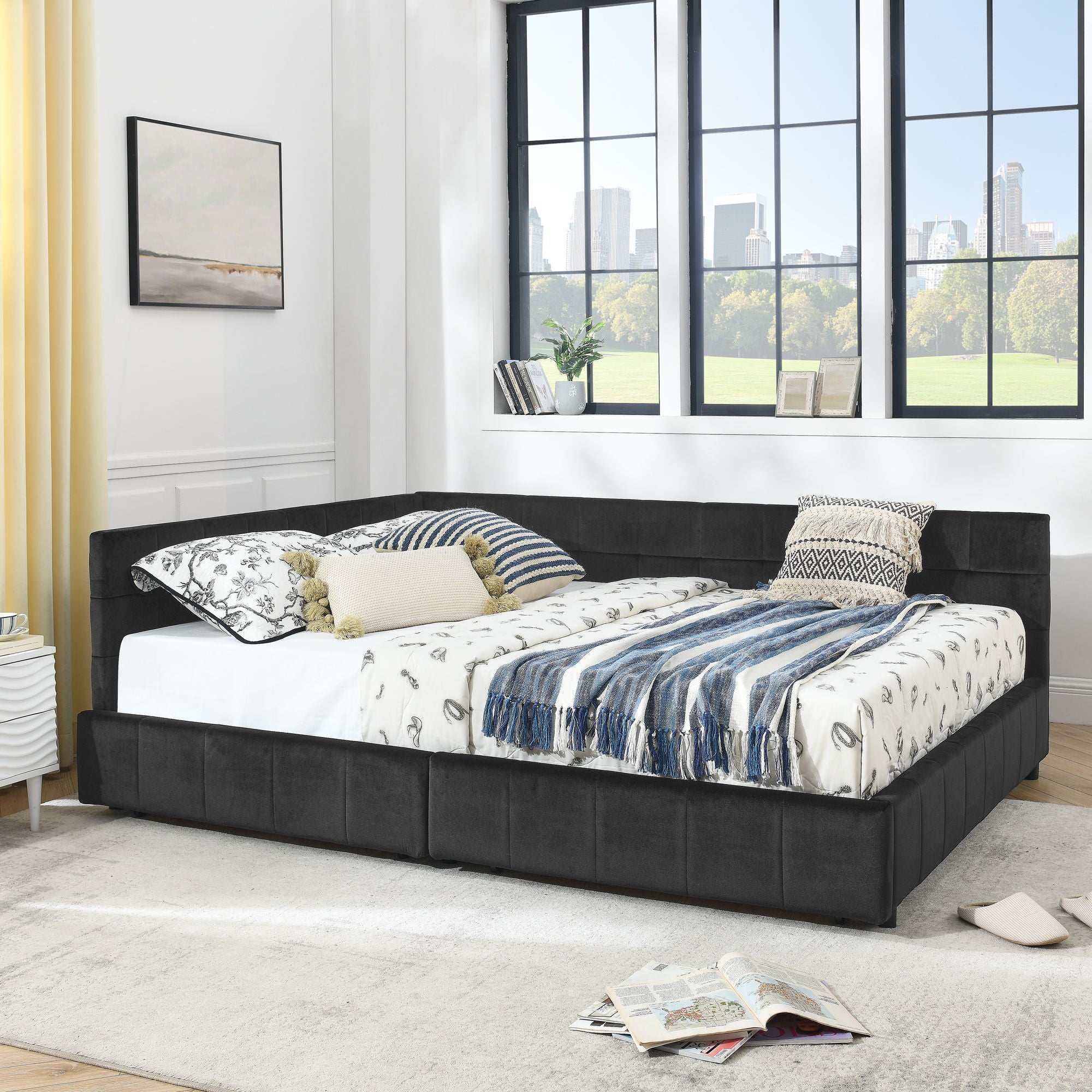 Mid-Century Storage Upholstered Tufted Bed Frame With Backrest And Armrests