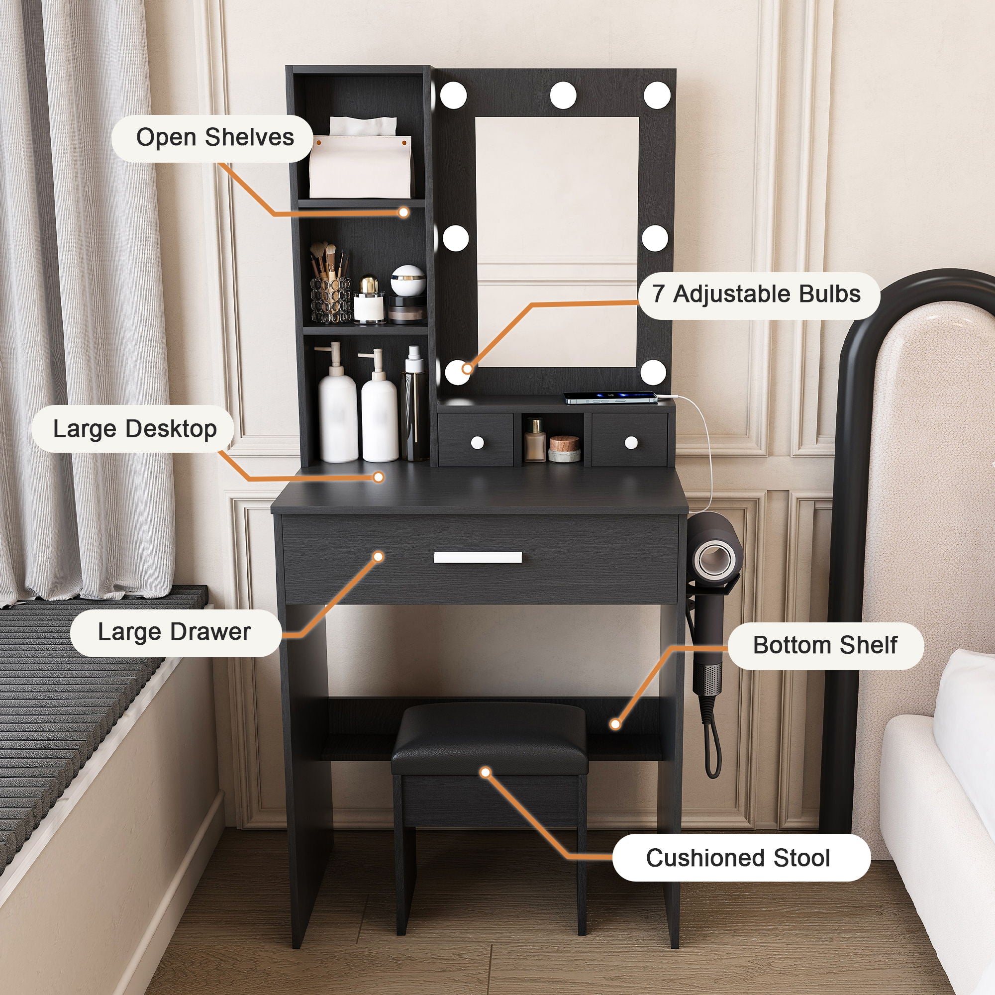 Vanity Table With Mirror, Adjustable LED Lights, Power Outlet, Hairdryer Holder & Stool