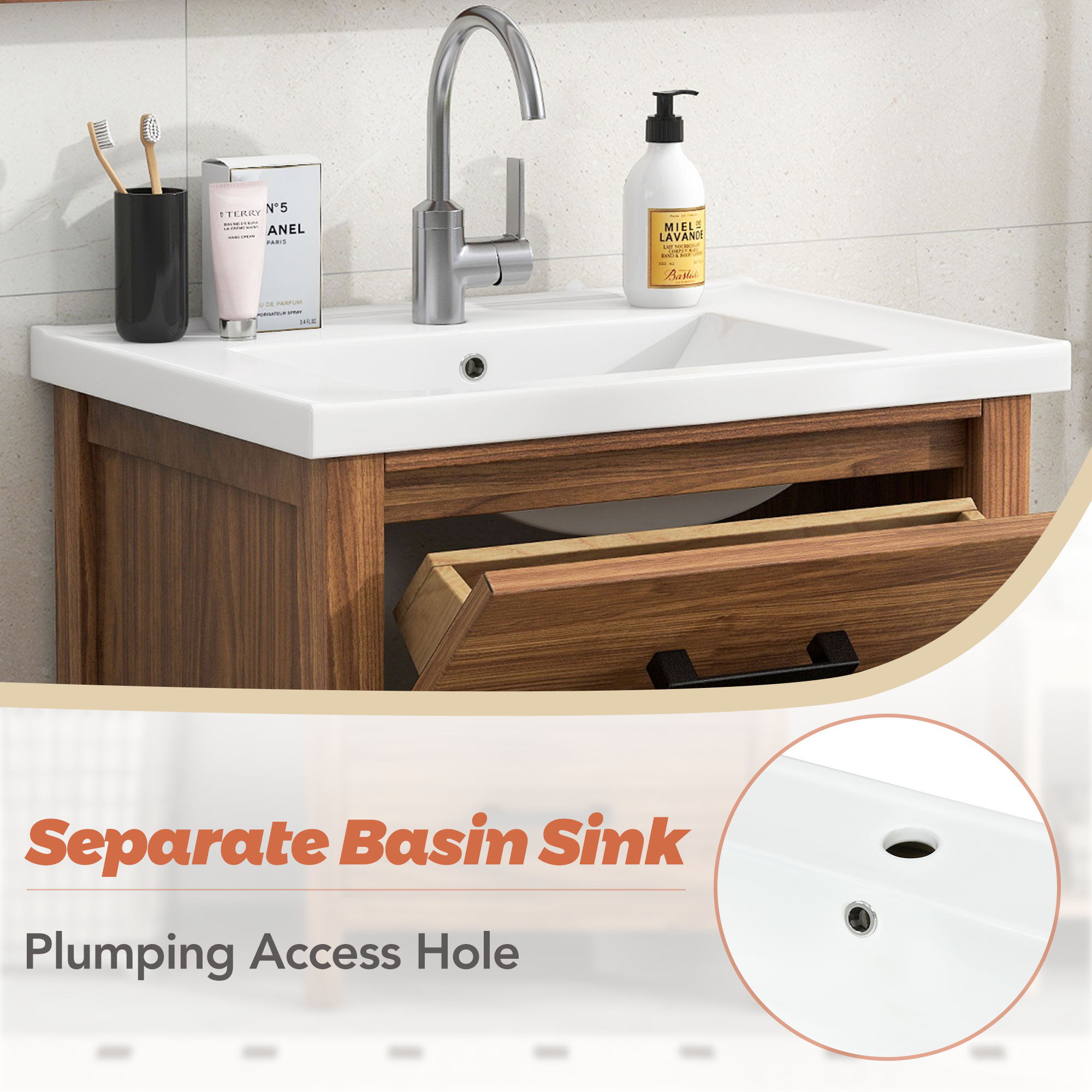 24'' Bathroom Vanity With Basin Sink, 3 Drawer Storage Cabinet - Natural Wood