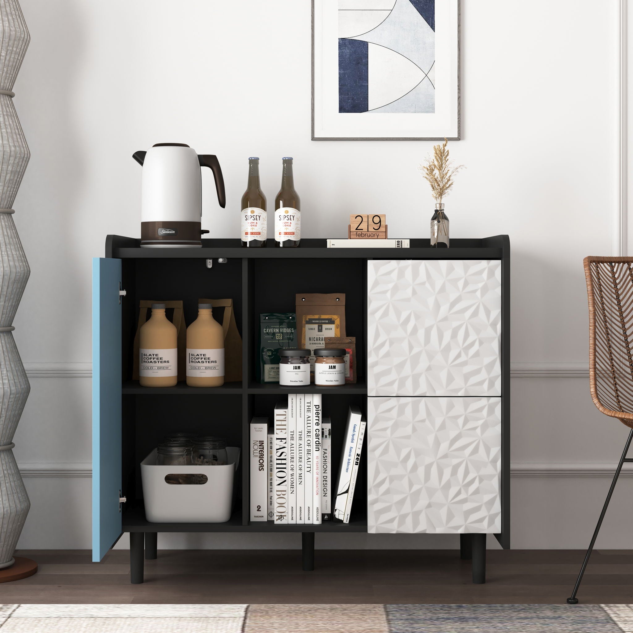 Modern Sideboard Buffet Cabinet With Doors And Unique Panel Styling