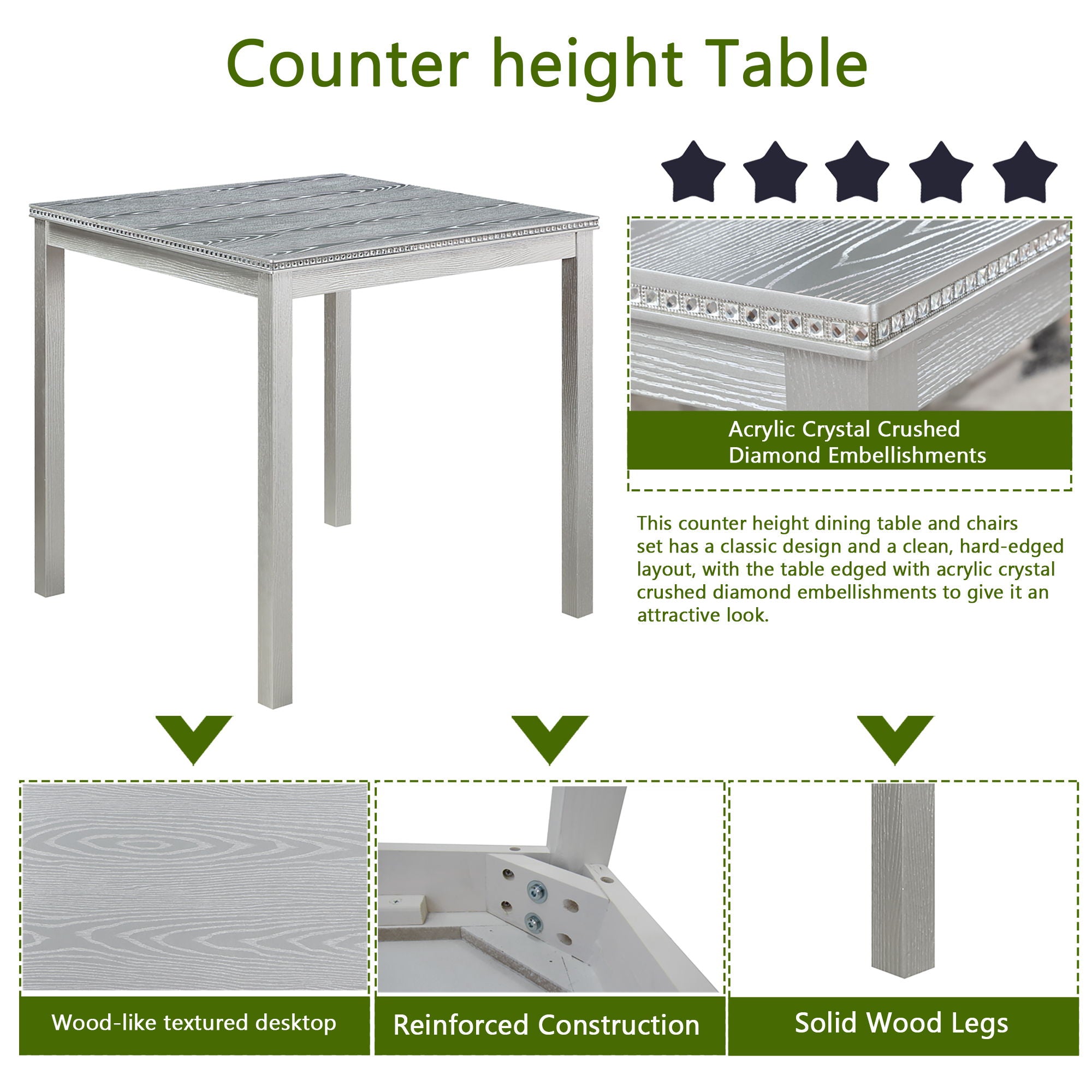 5 Pieces Counter Height Table Set, Kitchen Table With Square Table And 4 Upholstered Chairs