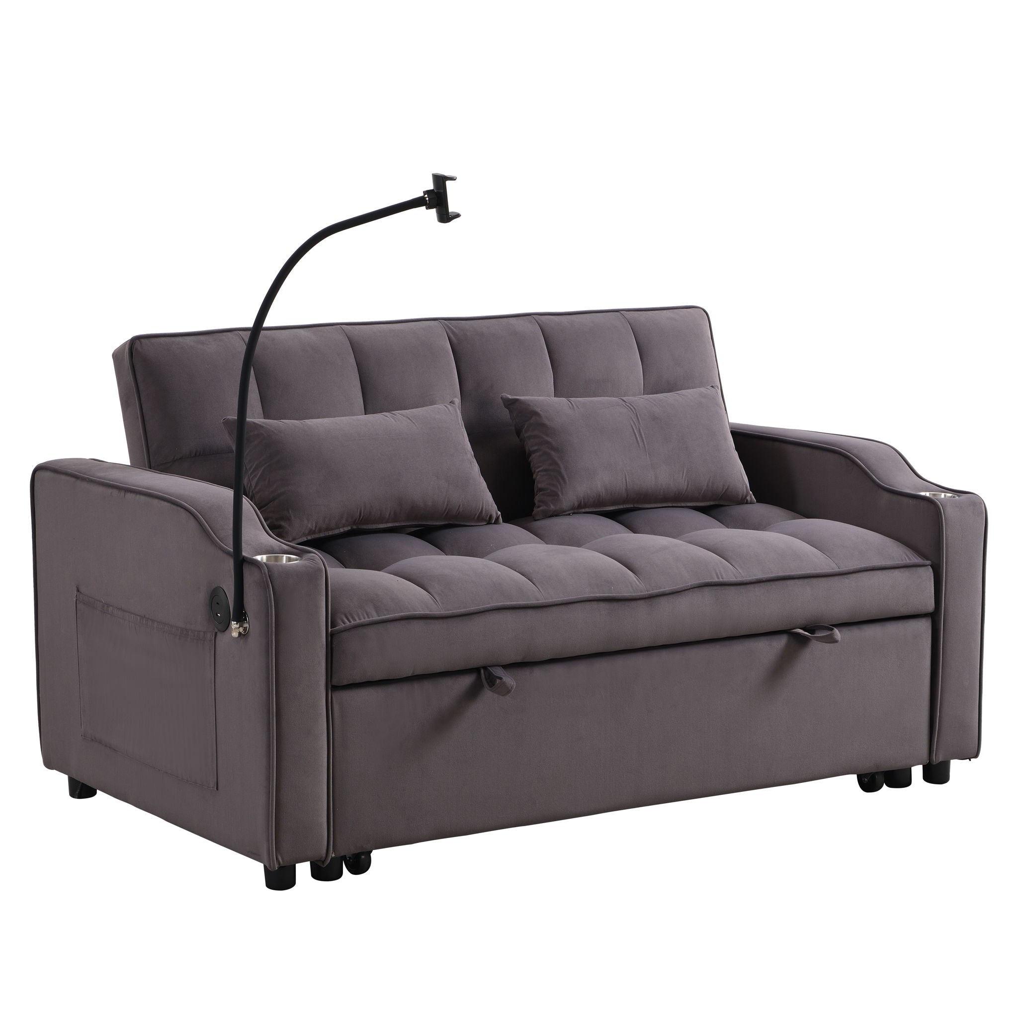 Modern Loveseat Futon Sofa With Pullout Bed, Adjustable Reclining Backrest, Toss Pillows