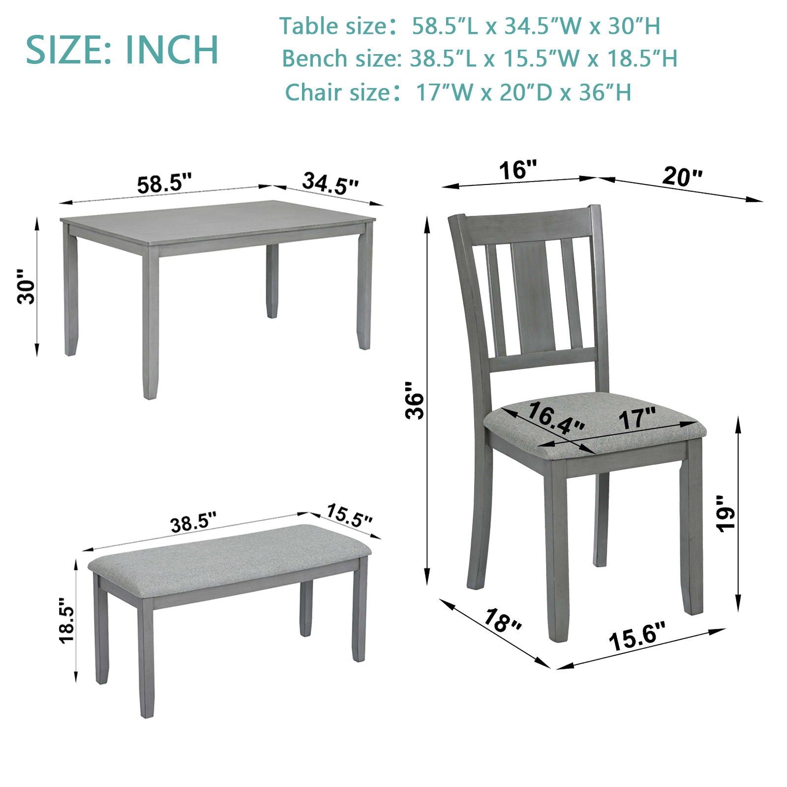 6 Pieces Kitchen Dining Set, Rectangular Wooden Dining Table With 4 Upholstered Chairs And A Bench