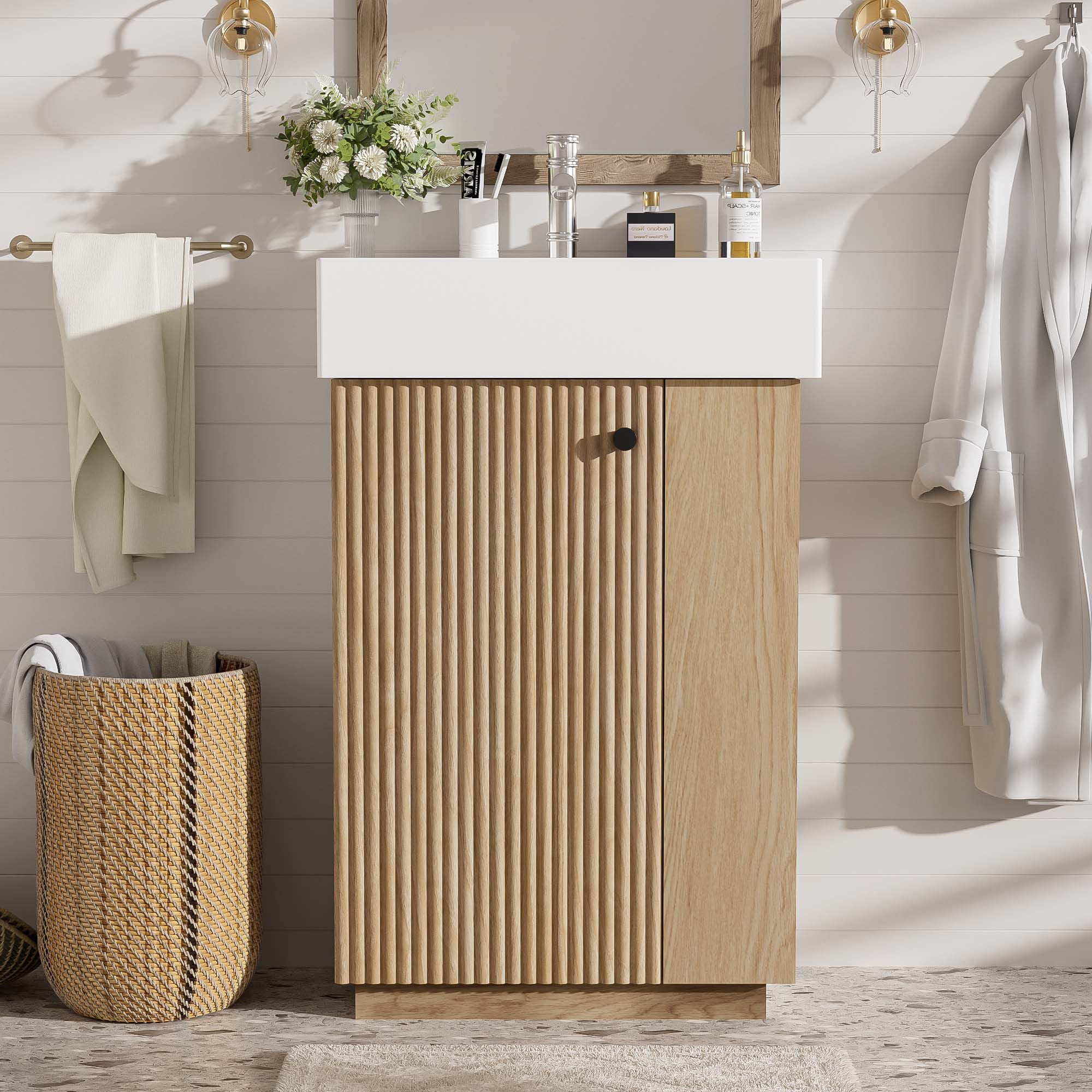 Bathroom Vanity With Sink, Freestanding Wood Grain Cabinet With Storage