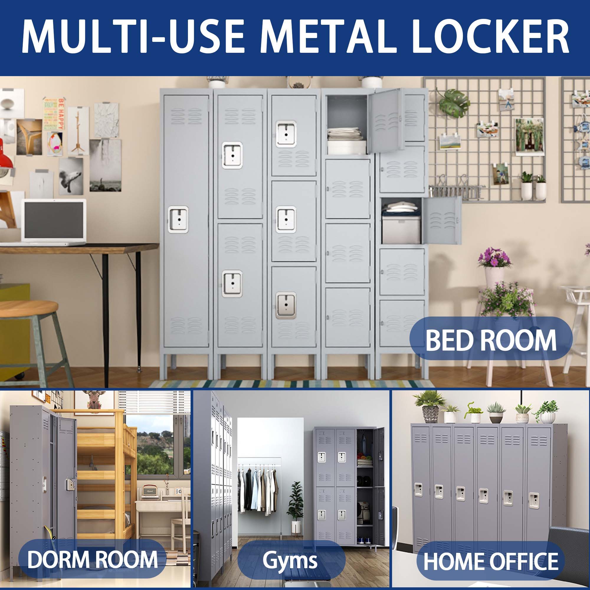 3 Door Lockers With Lock For Home, Gym, Office, School, And Garage - Gray