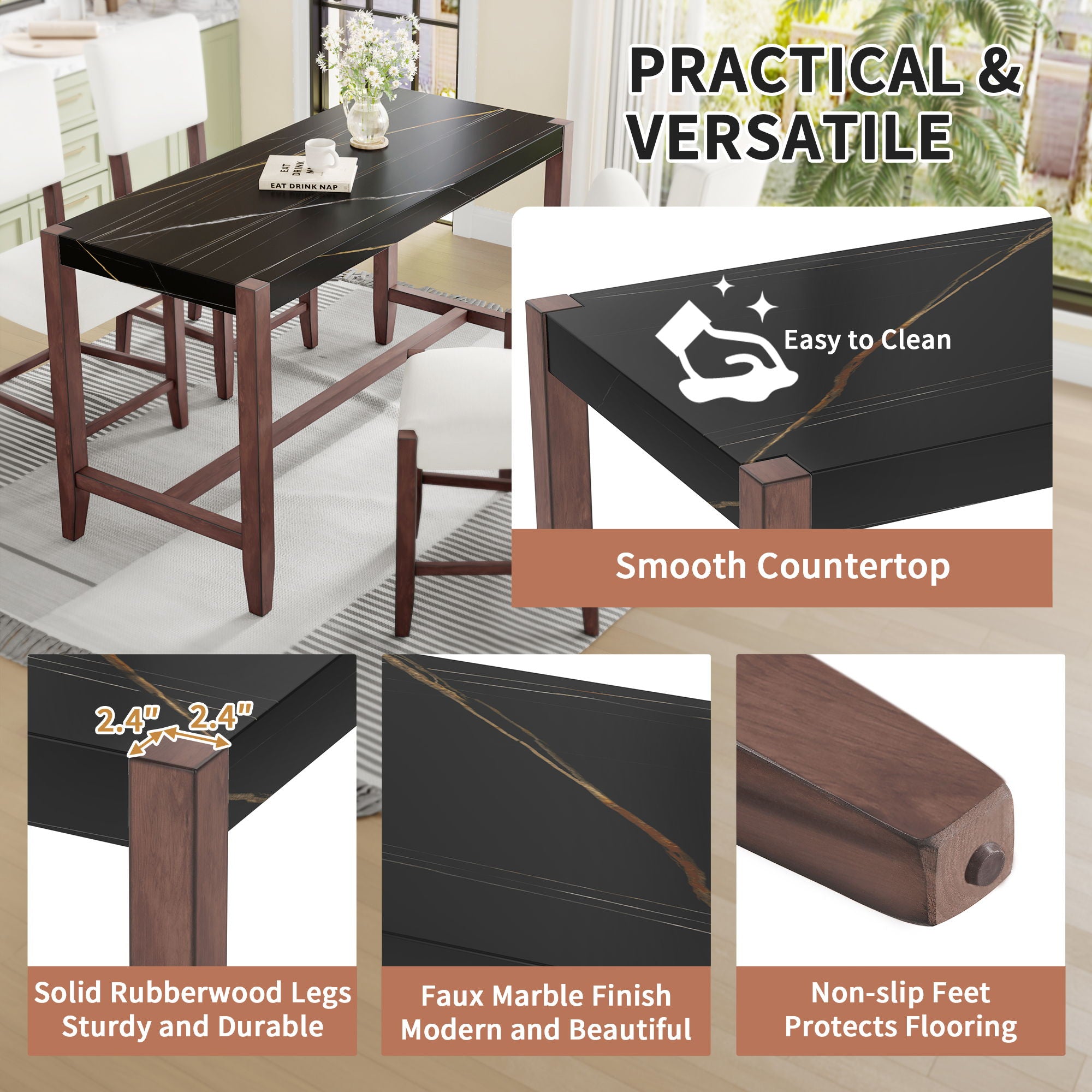 5 Piece Counter Height Dining Set, Bar Table With 4 Upholstered Chairs