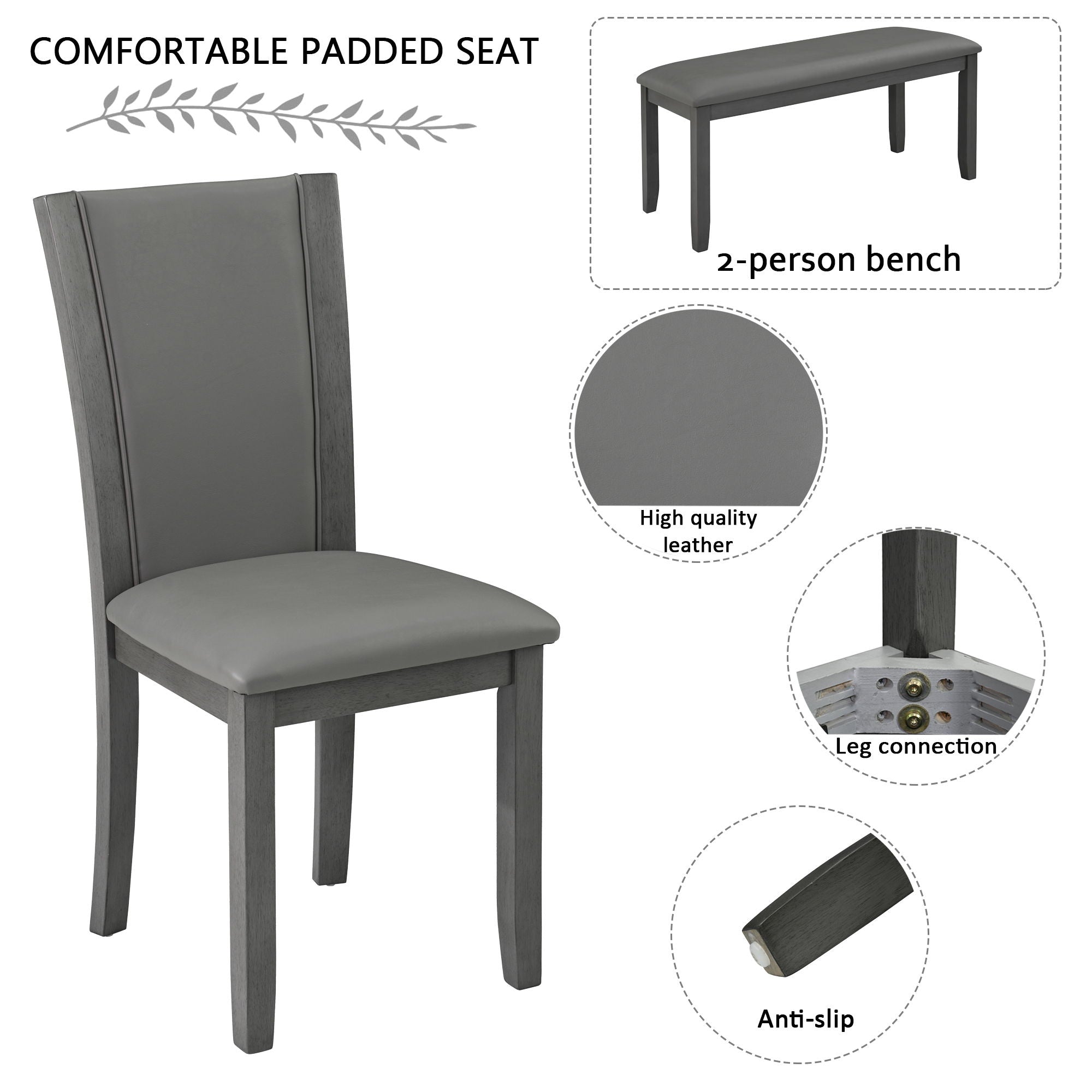 Modern 6 Piece Dining Table Set With Bench And Chairs For Dining Room Or Kitchen - Gray