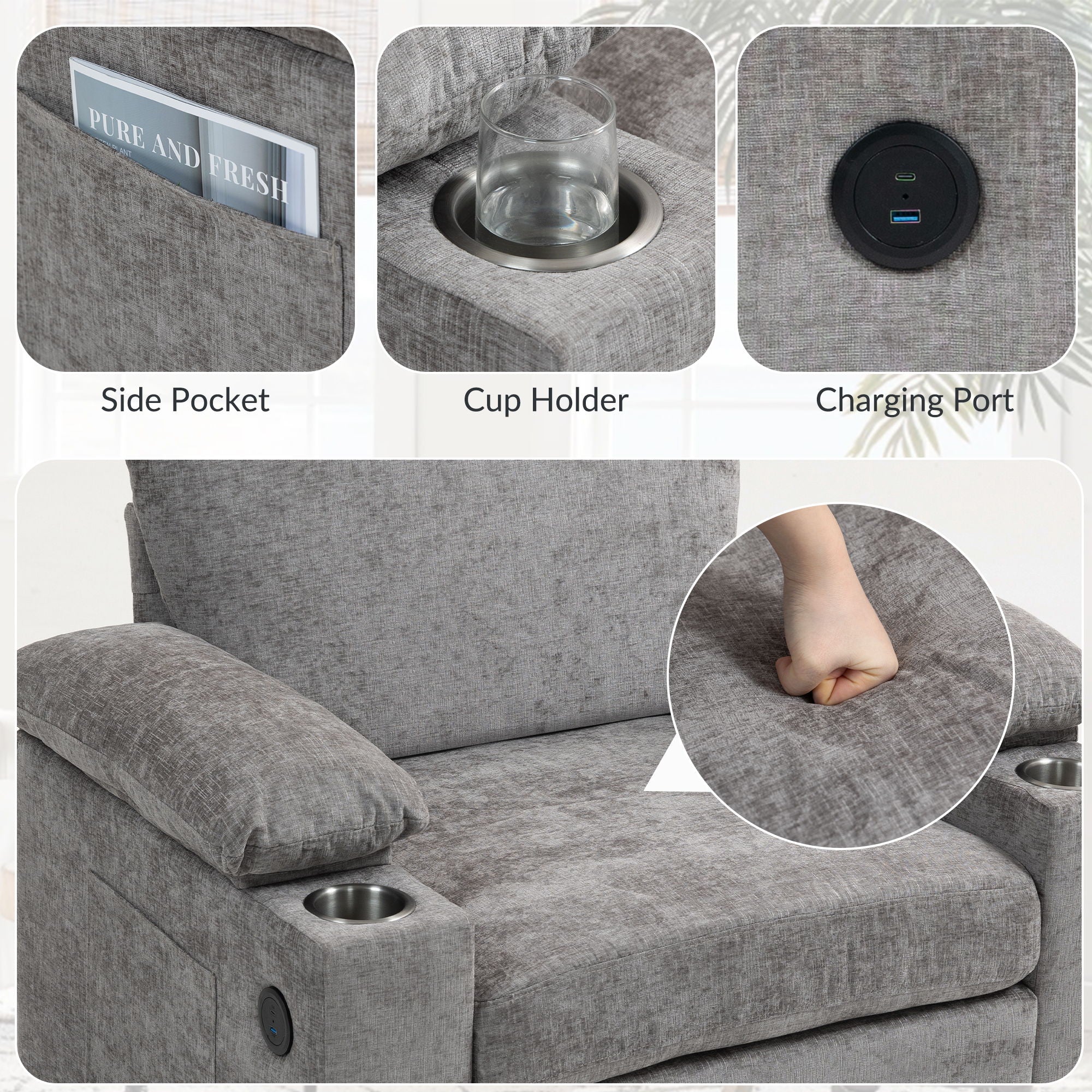 Fabric Sofa Bed With Cupholders And USB Charging Ports Chair For Living Room