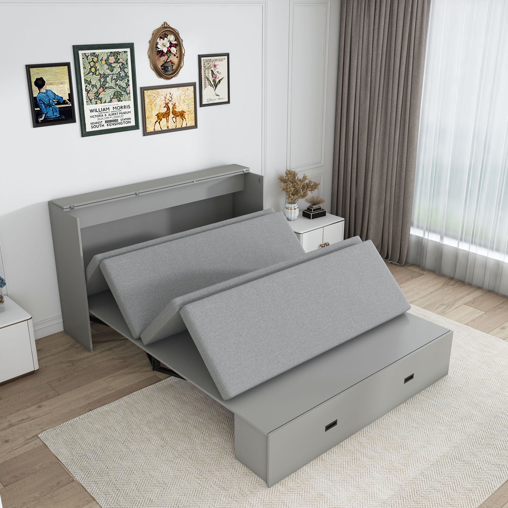 Full Murphy Bed With Storage Drawers, Charging Station, Foldable Panels, And Silent Swivel Wheels