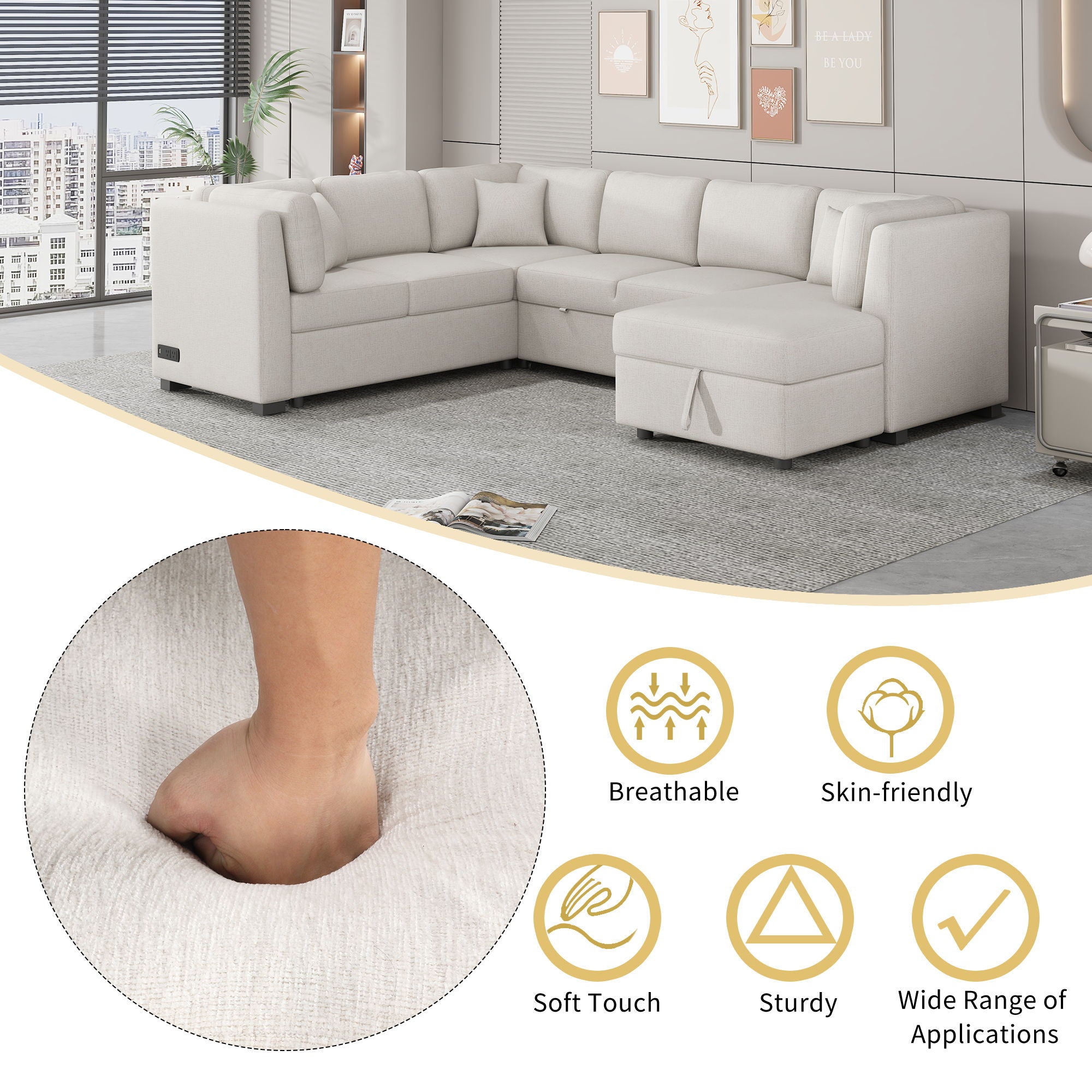U-Shaped Sectional Sofa Pull Out Sofa Bed With Two USB Ports, Two Power Sockets, Three Back Pillows And A Storage Chaise For Living Room