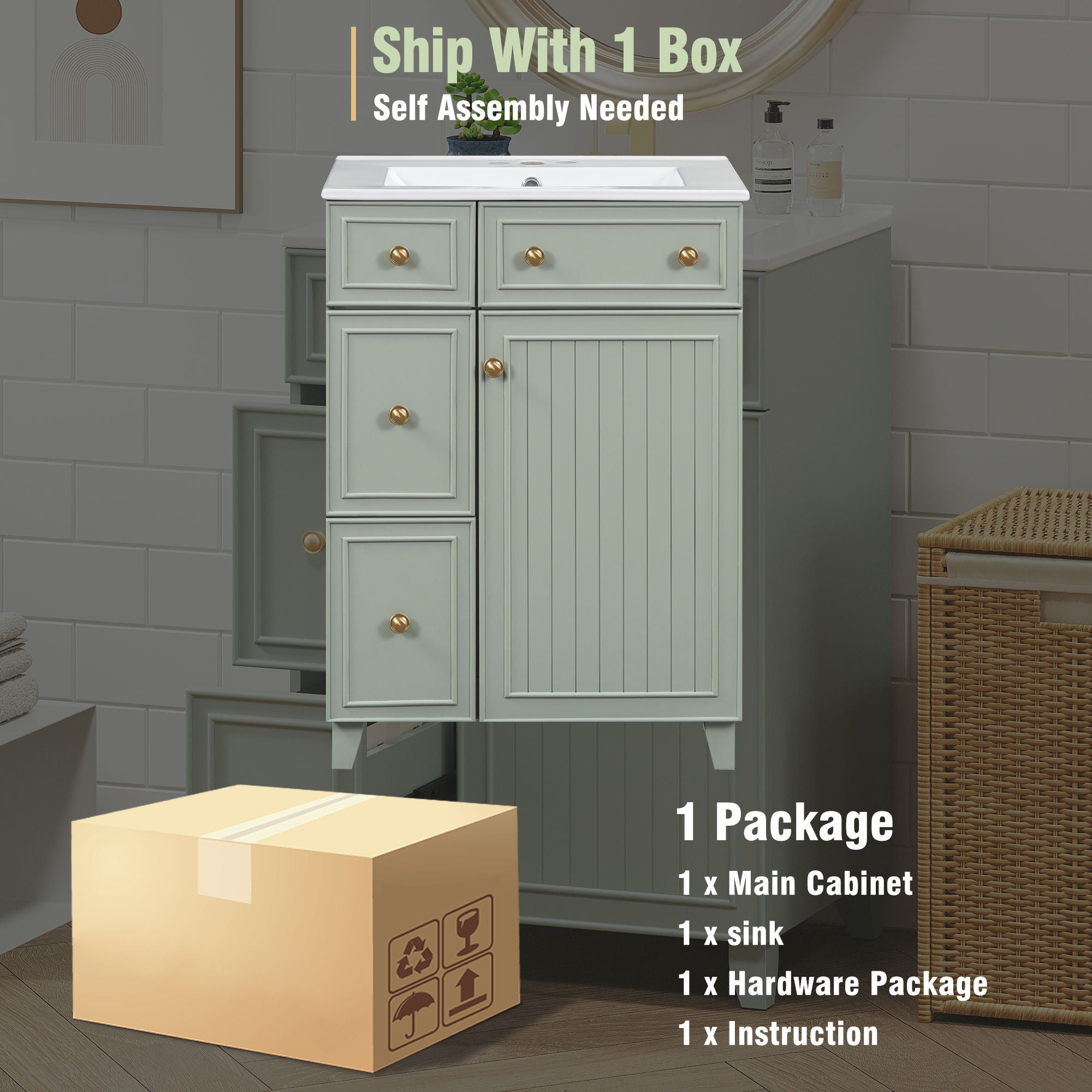 Transitional Style Bathroom Vanity Cabinet With Ceramic Sink