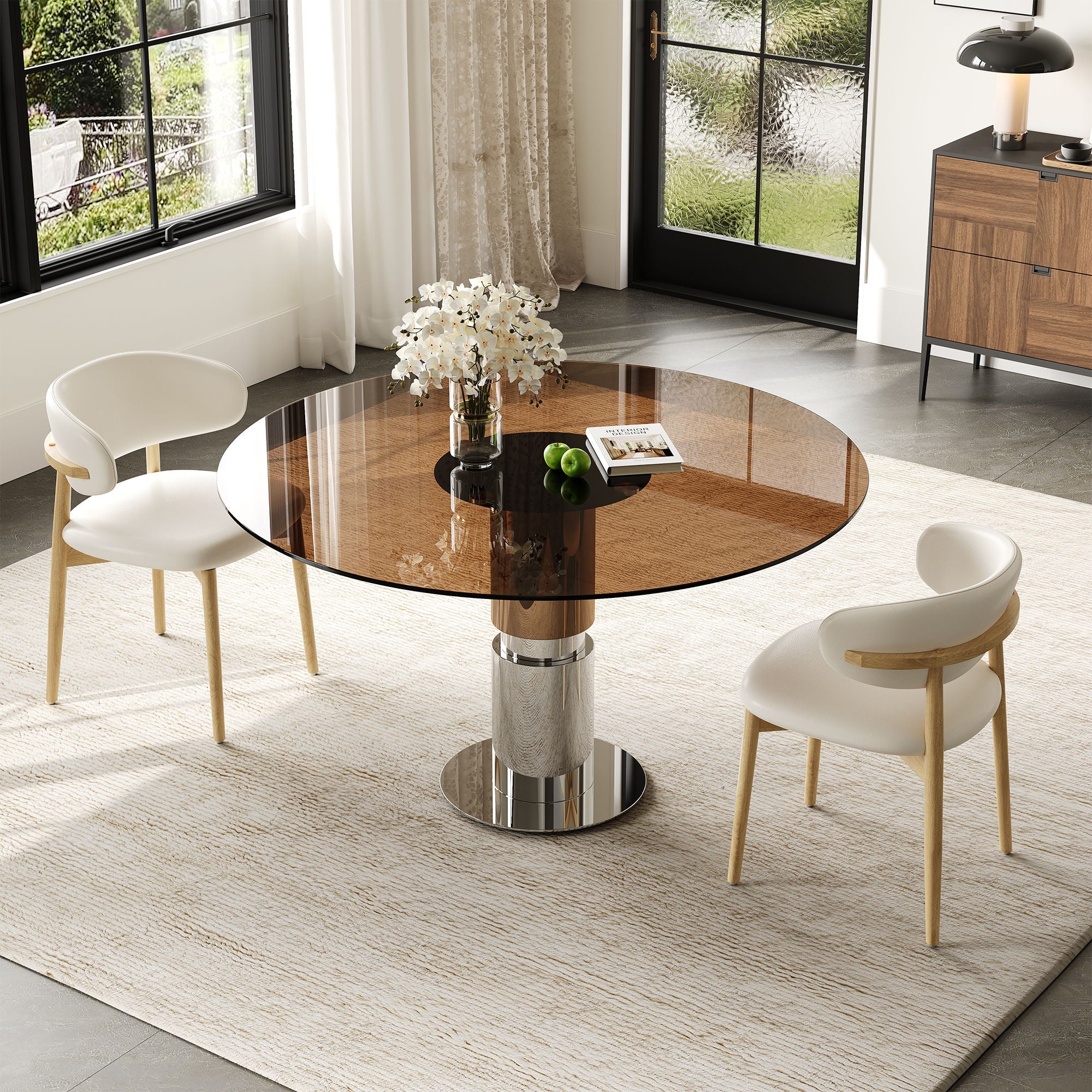 Round Dining Table & Tempered Glass Top - Brown