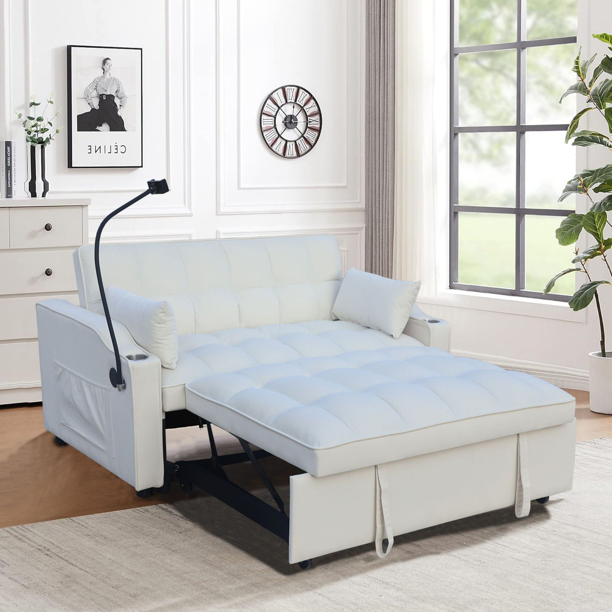 Modern Loveseat Futon Sofa With Pullout Bed, Adjustable Reclining Backrest, Toss Pillows