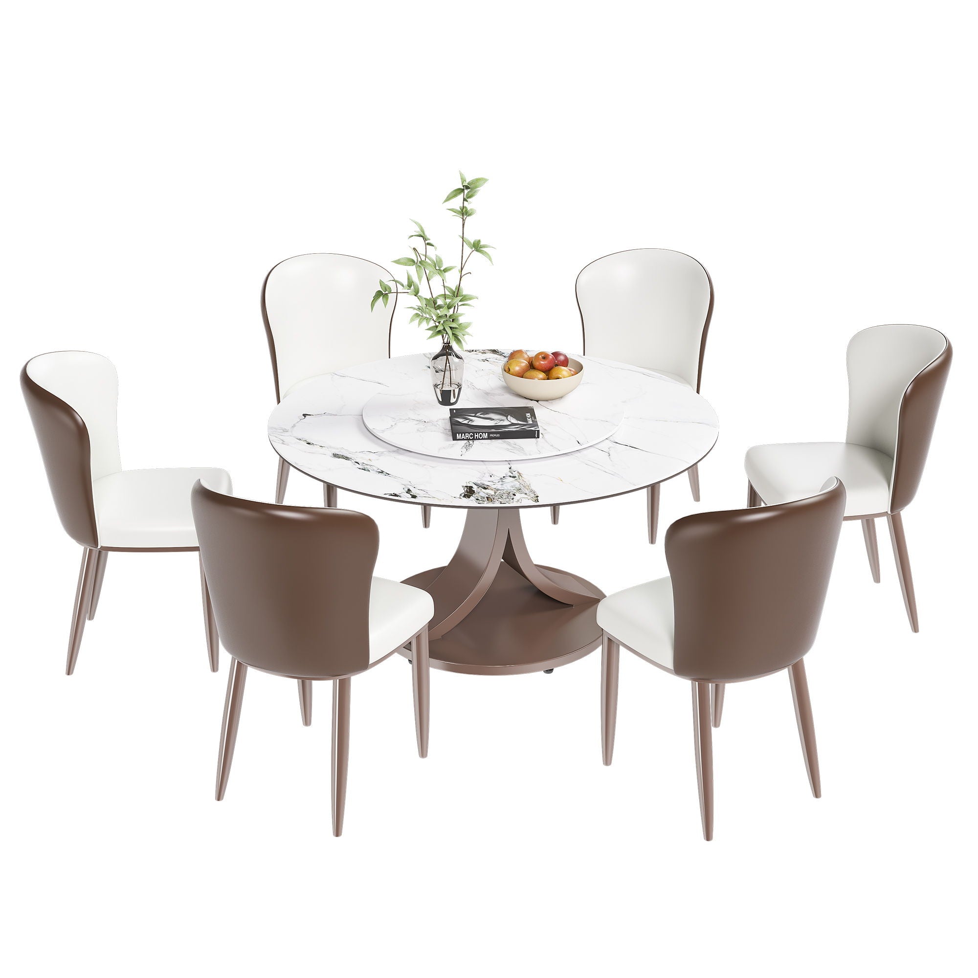 Round Dining Table With 360° Rotating Lazy Susan For Dining Room & Kitchen, 6 Chairs - White