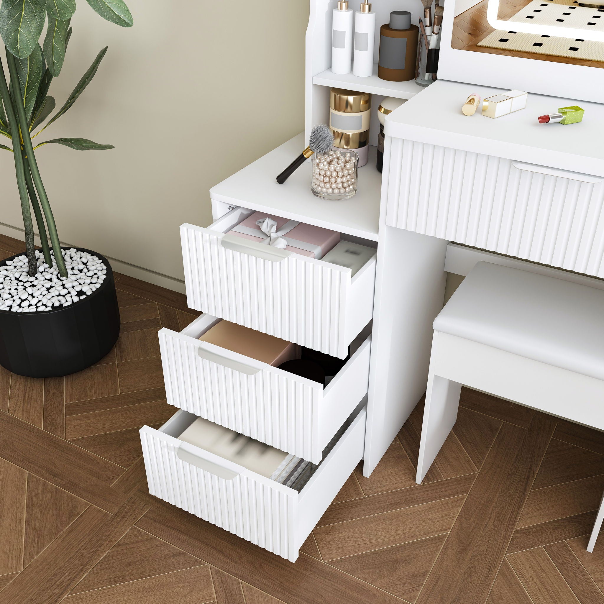 Modern Vanity Desk With 3 LED Lighting Modes, 4 Drawers