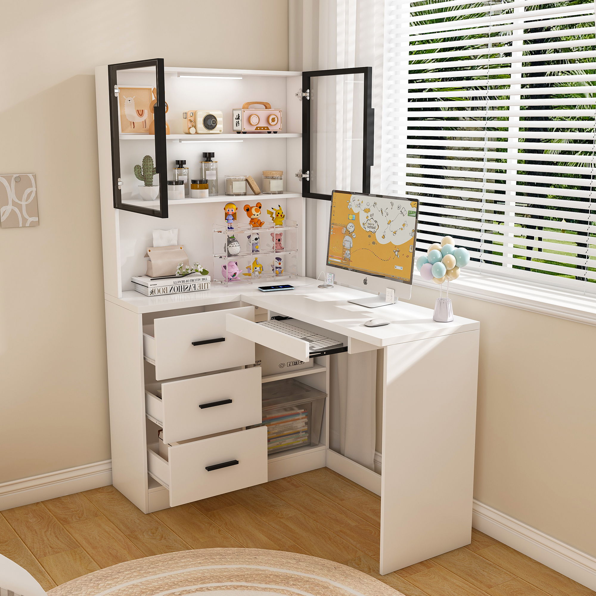 L-Shaped Computer Desk With Glass Cabinets, Built In LED Lights, USB Charging Ports