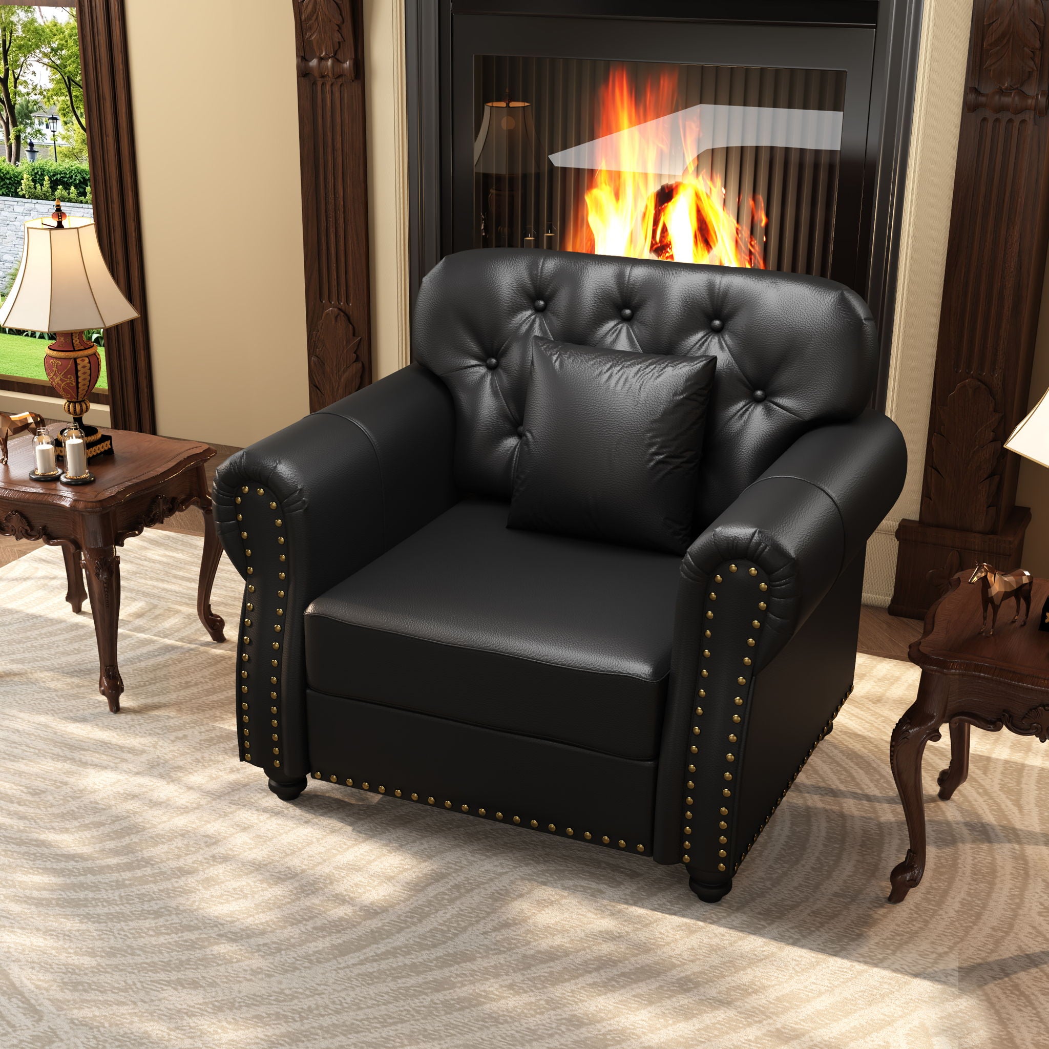 Upholstered Sofa With Nailhead Trim, Rolled Armrests With Ottoman