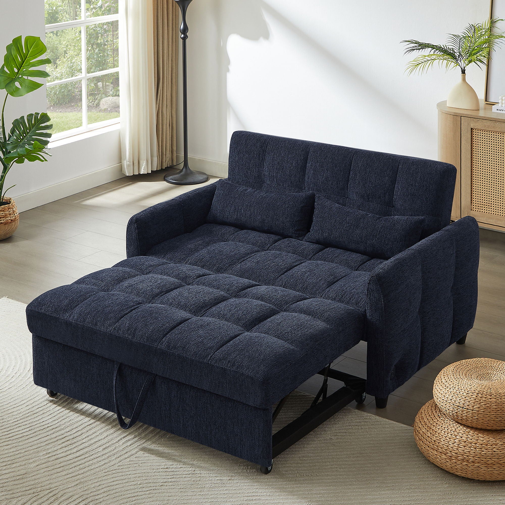 Loveseat Sofa Pull-Out Bed With Adjustable Backrest, 3 USB Ports And 2 Lumbar Pillows For Living Room