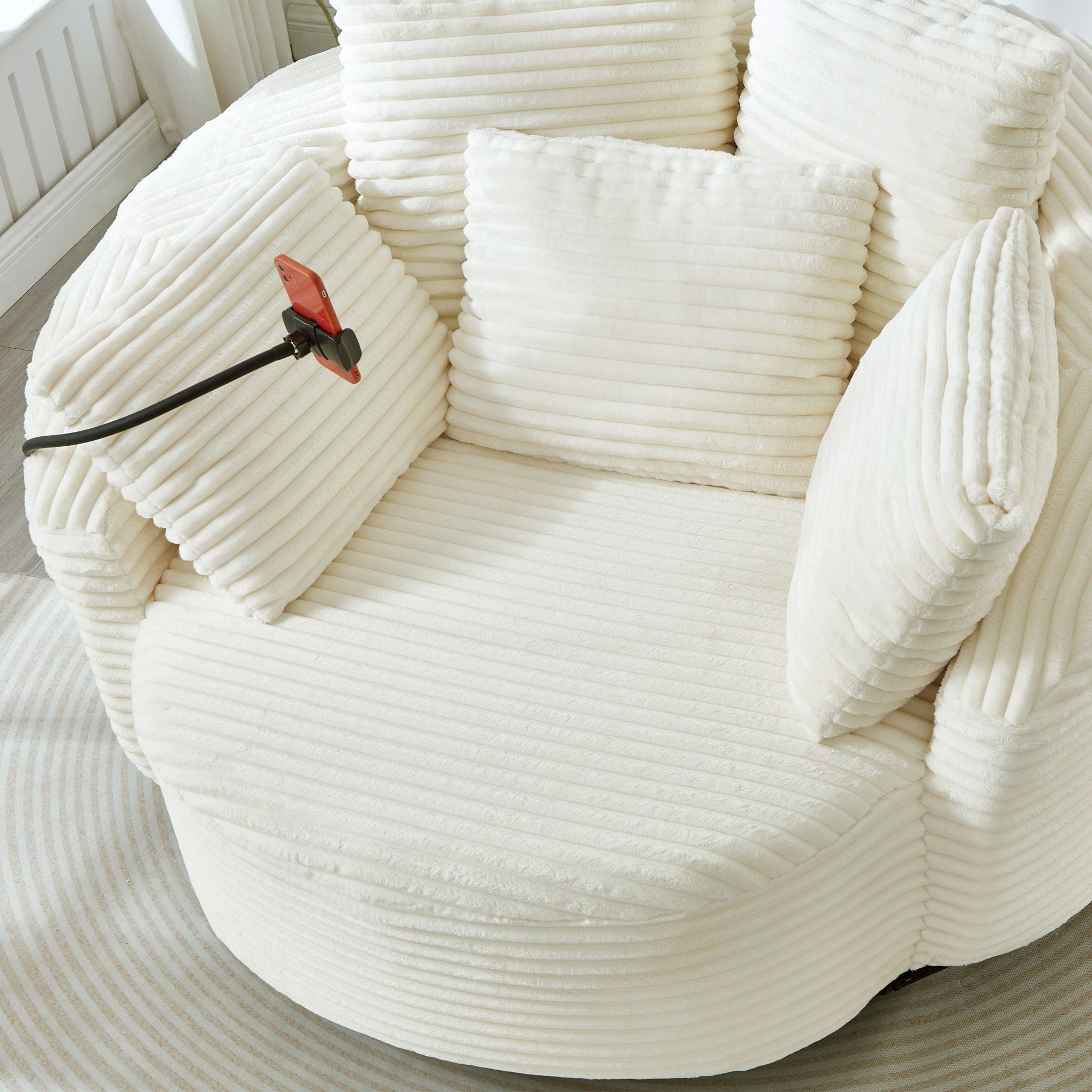 Swivel Accent Barrel Chair With Adjustable Phone Holder, 5 Pillows For Living Room