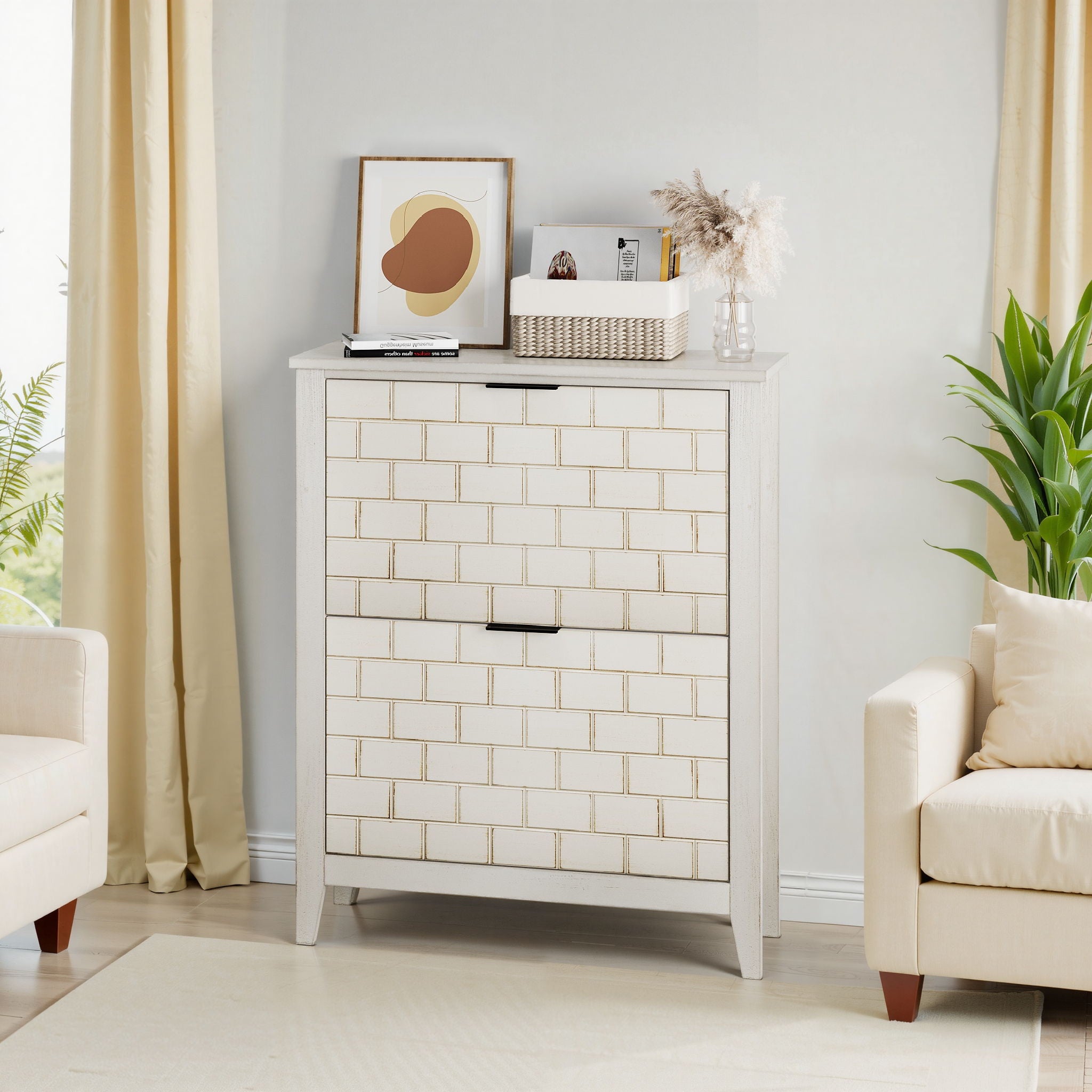 Retro Shoe Storage Cabinet, Mid Century Vintage Freestanding With 2 Flip Drawers, Suitable For Entryway - Retro White / White / Vintage