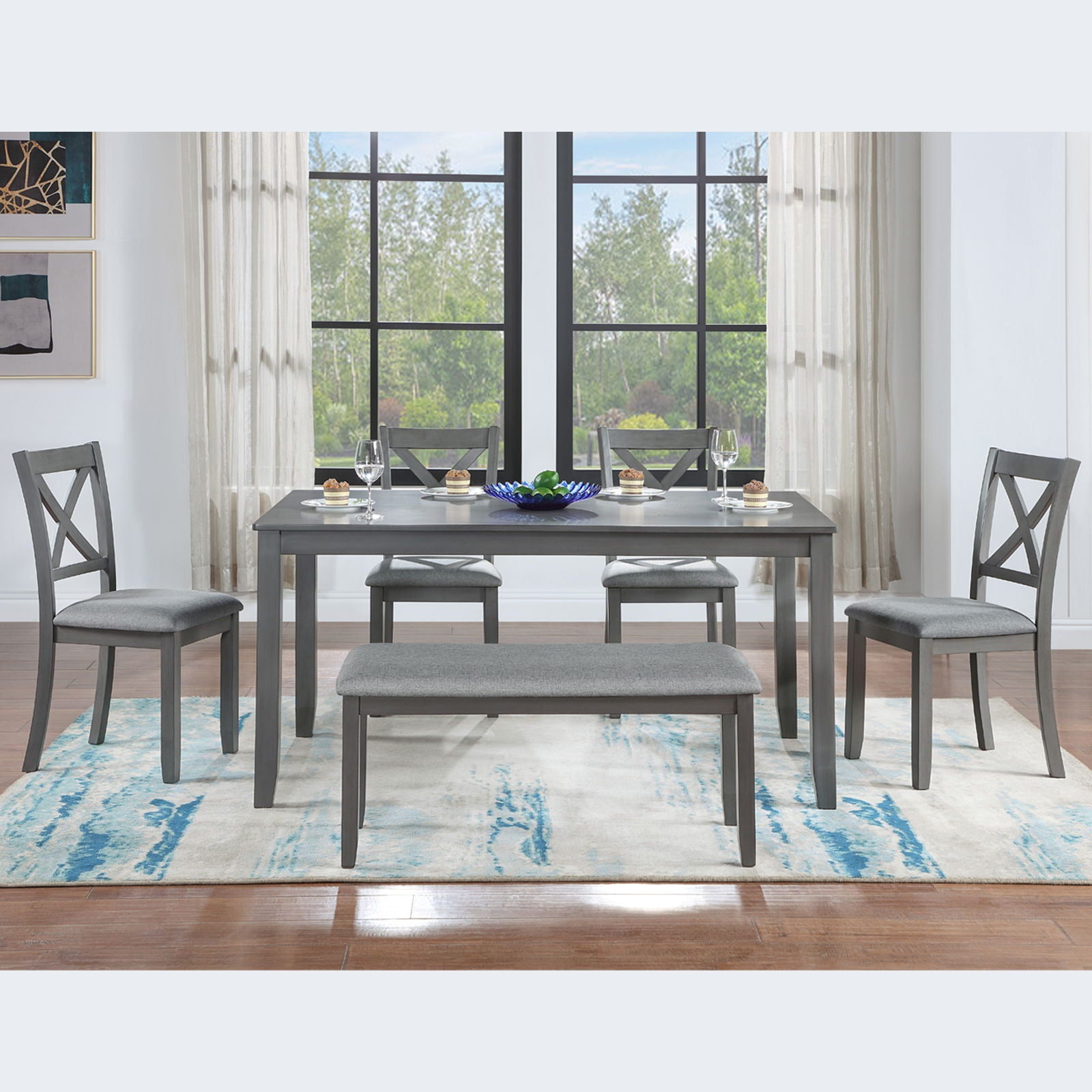 6 Pieces Kitchen Dining Set, Rectangular Wooden Dining Table With 4 Chairs And A Bench