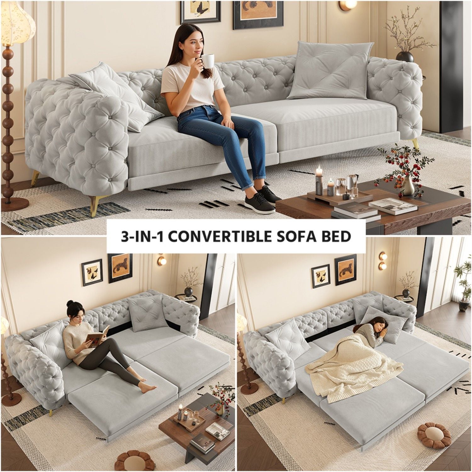 3 In 1 Convertible Sleeper, Deep Seat Pull Out Sofa Bed, Button Tufted