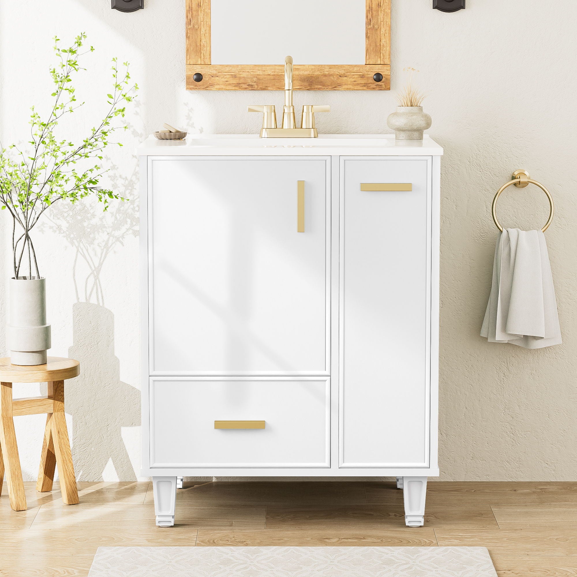 Bathroom Vanity With Sink, Deep Drawer, Door Shelf, 2 Tier Basket