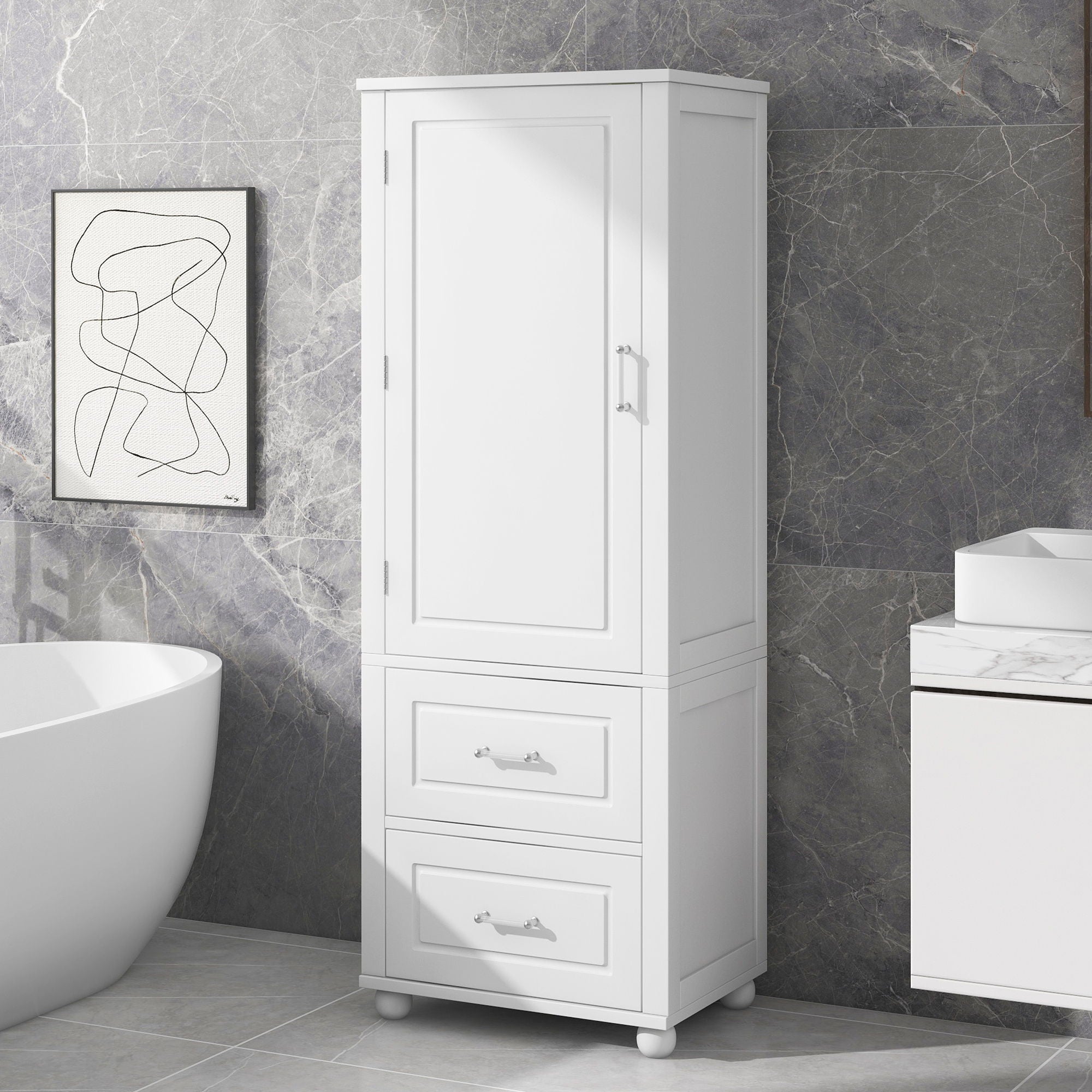 Tall Freestanding Bathroom Storage Cabinet With 2 Drawers And Adjustable Shelf