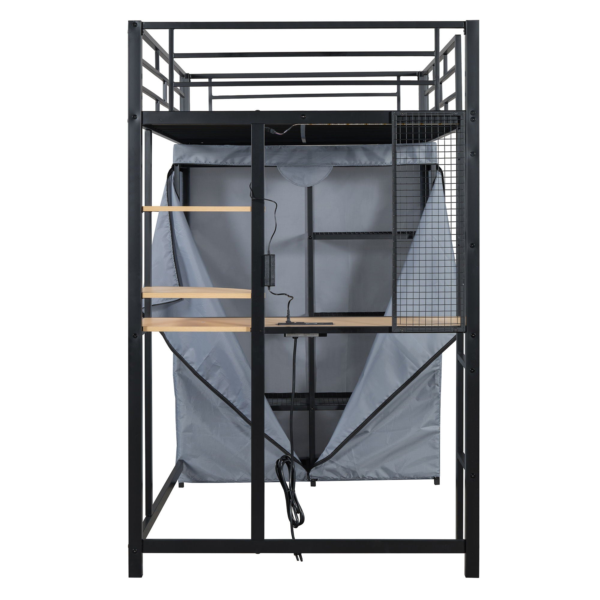 Loft Bed With Desk, Shelves, Power Outlet, LED Light And Wardrobe