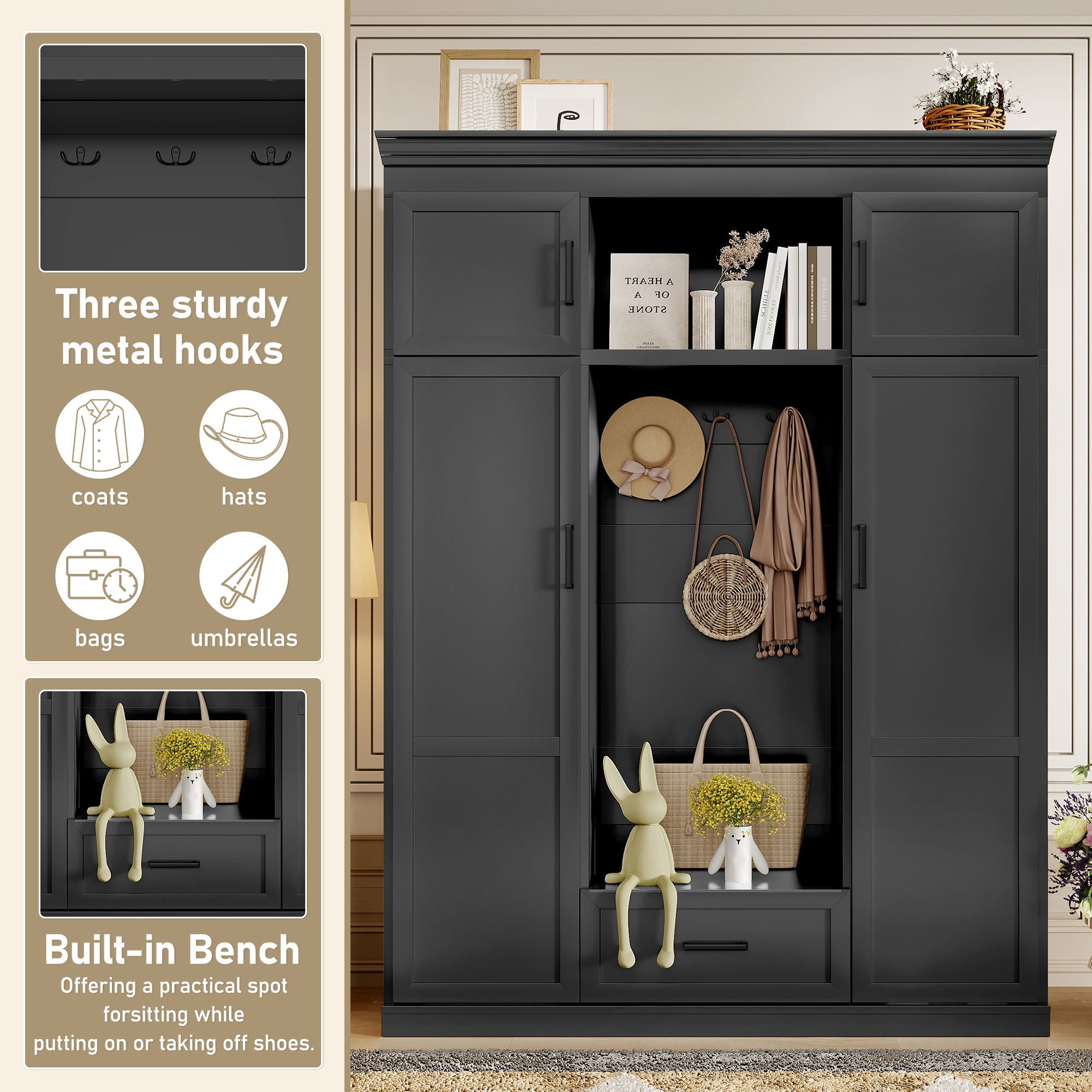 Hall Tree With Bench And 3 Hooks, Modern Entryway Storage Organizer Cabinet With 4 Doors, 1 Drawer And Adjustable Shelves
