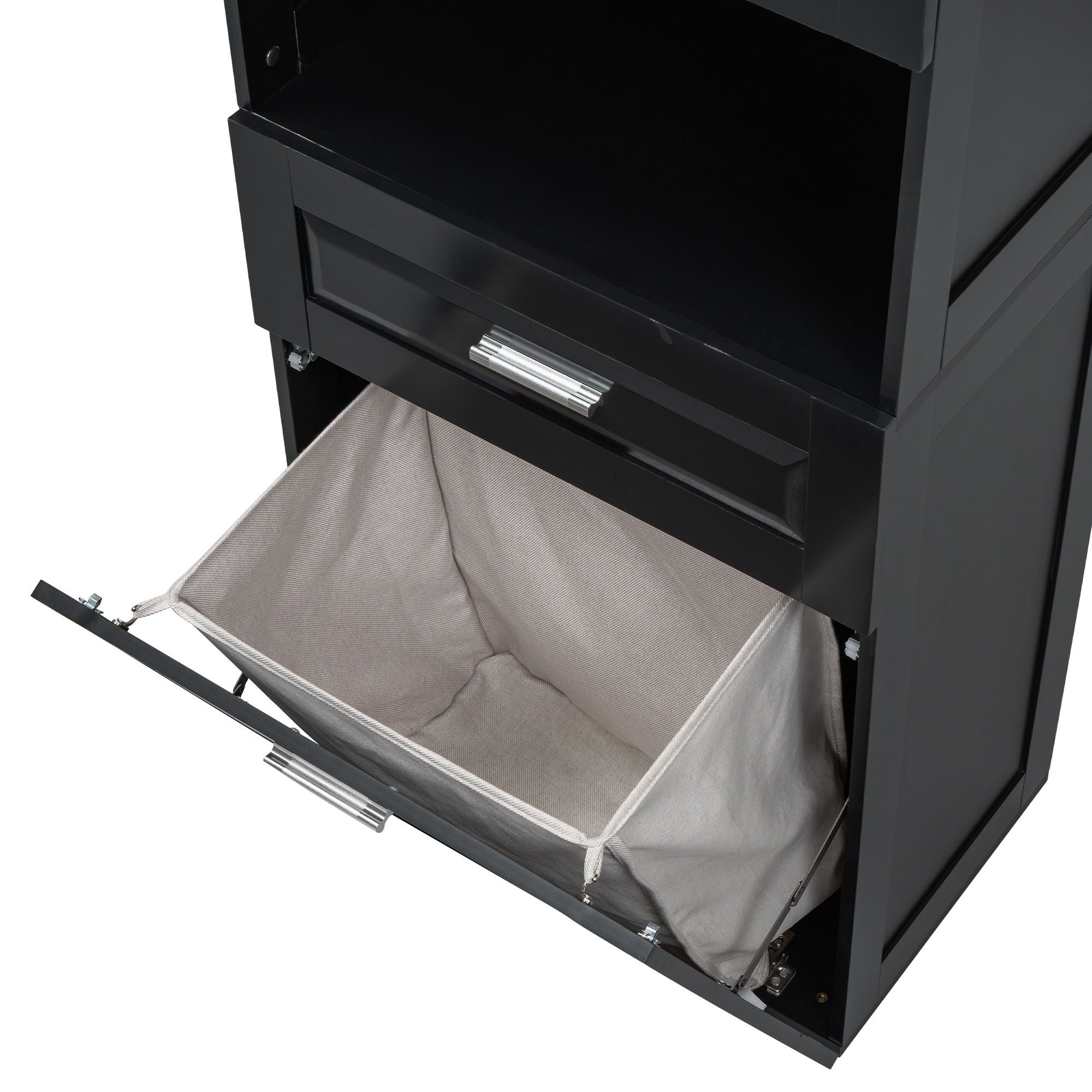 Tall Bathroom Cabinet With Tilt-Out Laundry Basket And Upper Storage