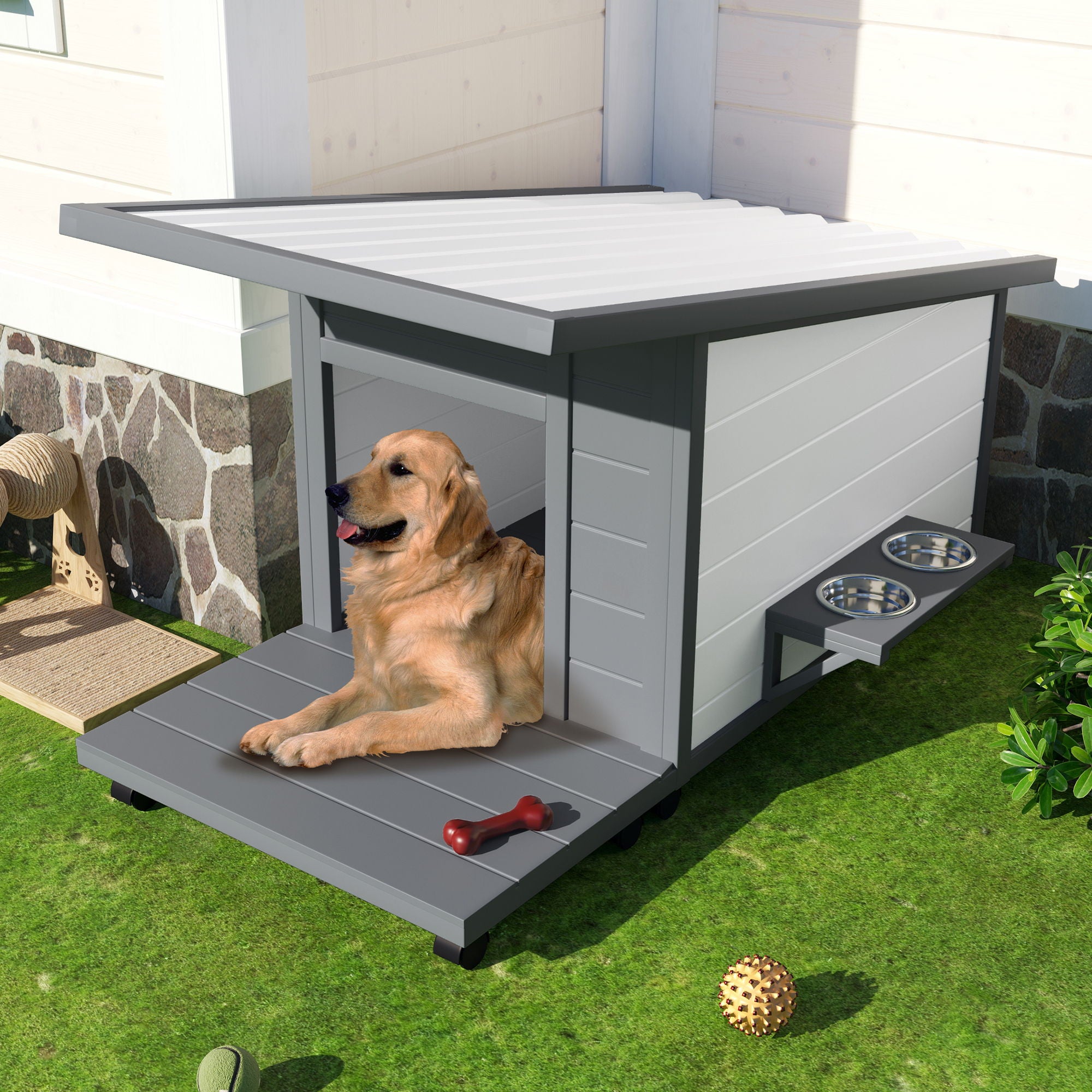 Modern Design Outdoor Dog House With Food Bowl And Wheels Pine - Gray / White