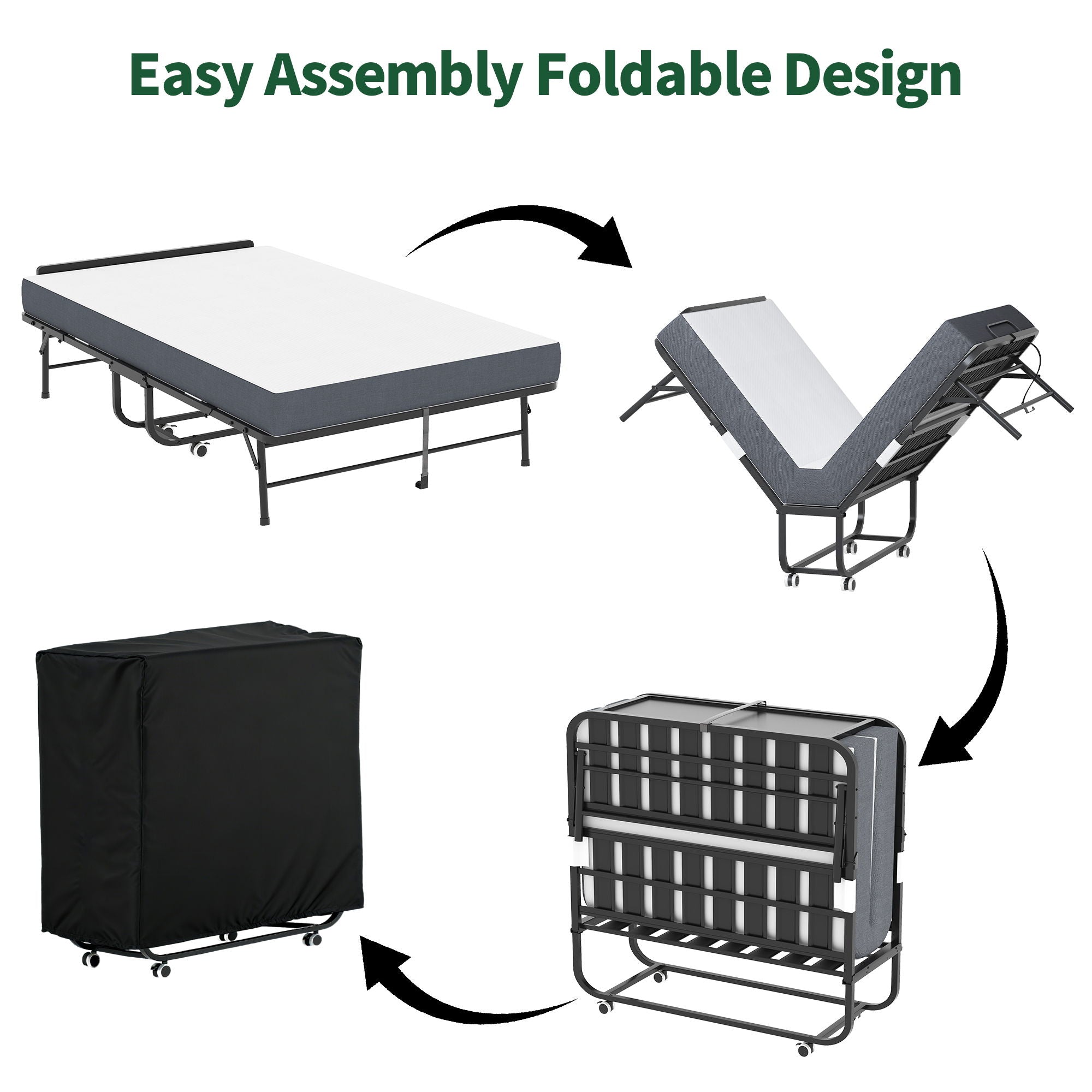 Twin Extra Long Folding Bed With Adjustable Headboard, Cot With Memory Foam Mattress - Black