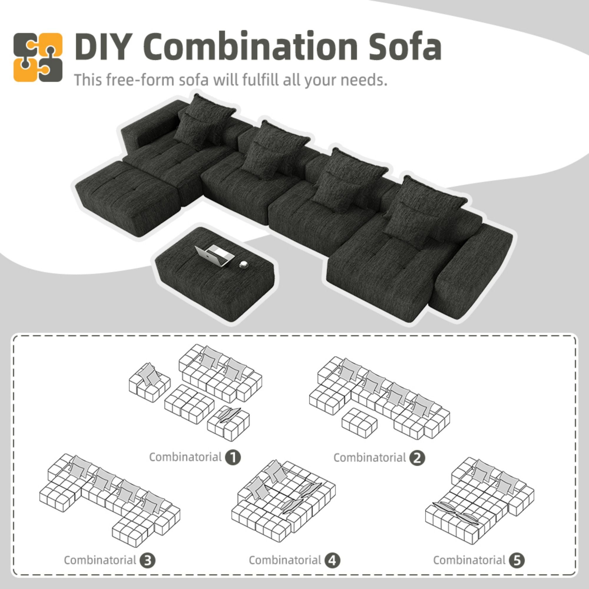 Modern Oversized Diy Combination Modular Sectional Sofa With Pillows