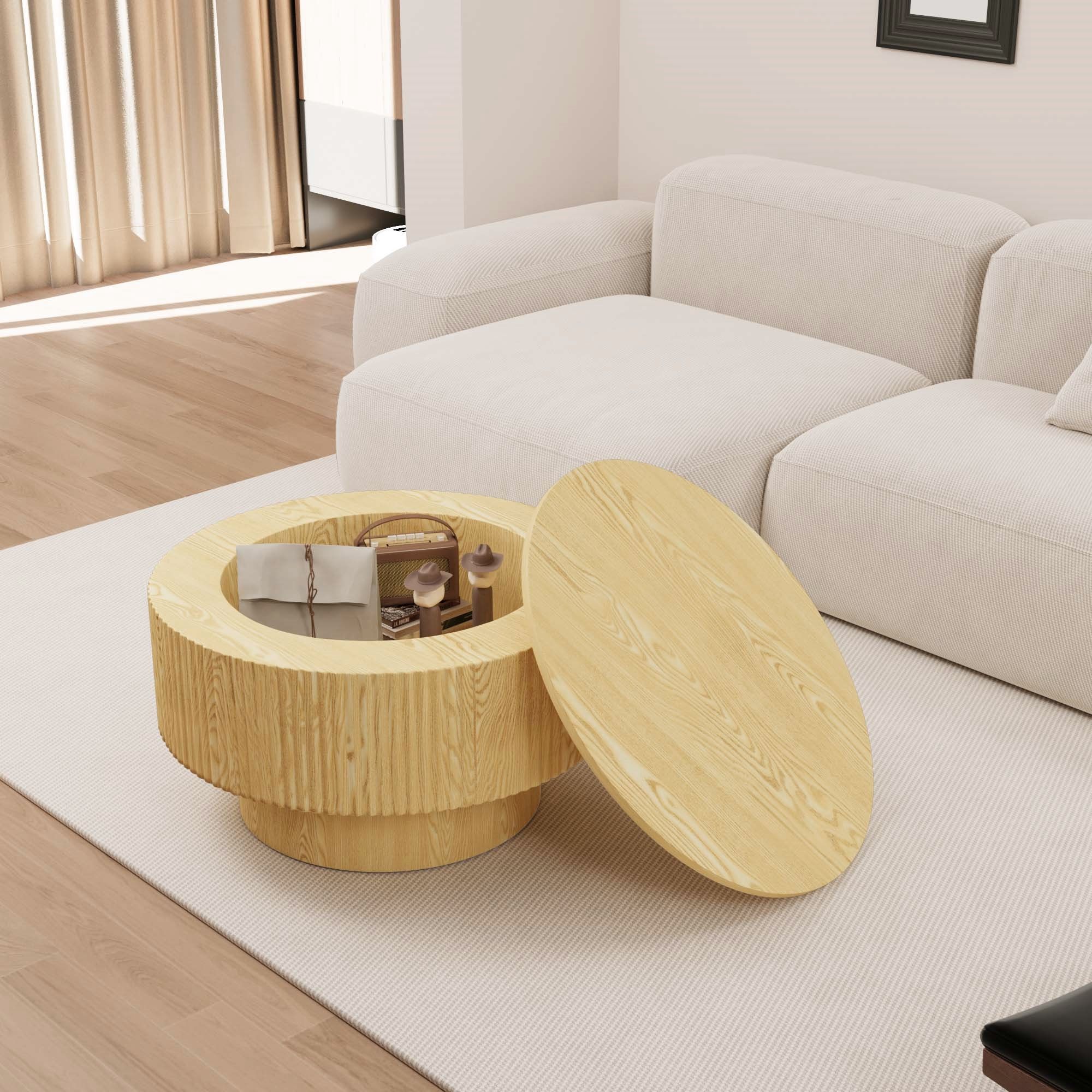 Round Coffee Table With 2 Dining Chairs Set, Ring Striped Design - Beige / Wood