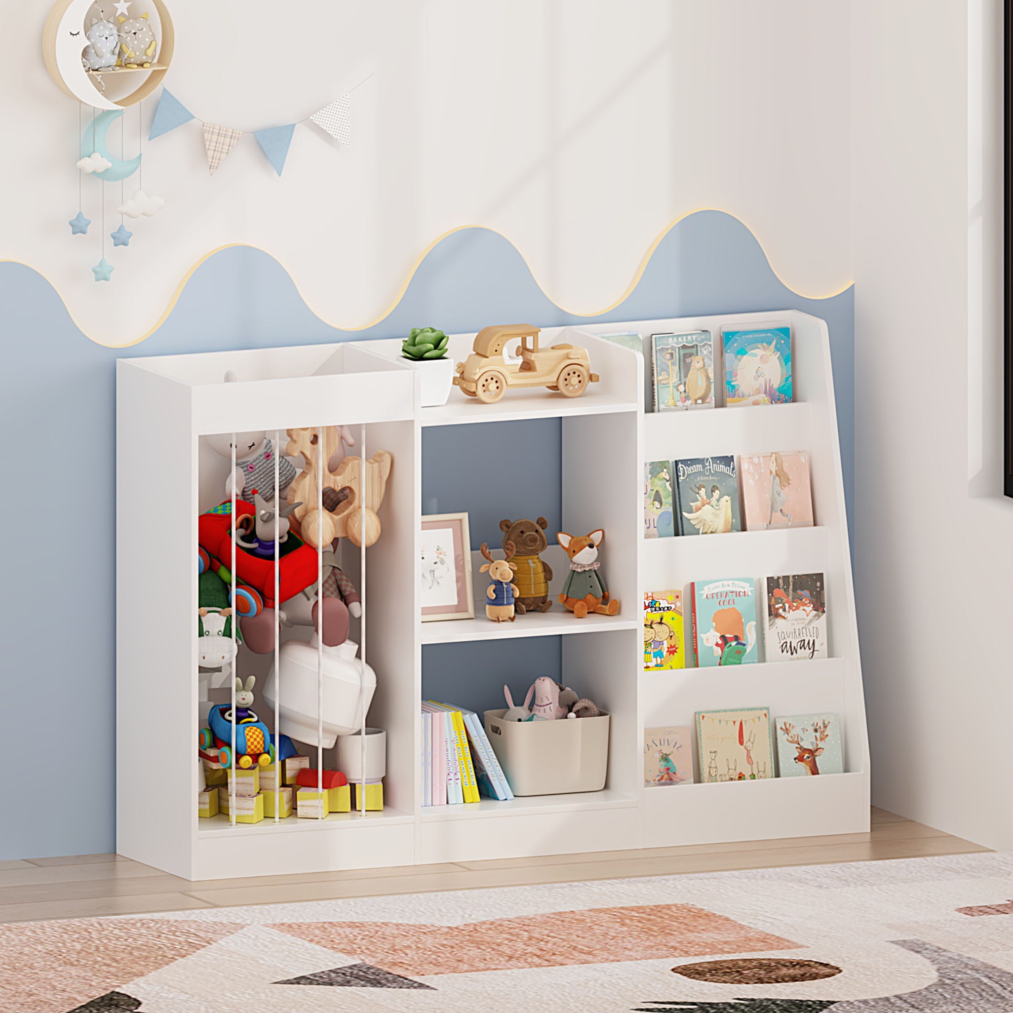 Bookshelf And Toy Storage, 3 Tier Montessori Bookcase With Stuffed Animal Organizer - White