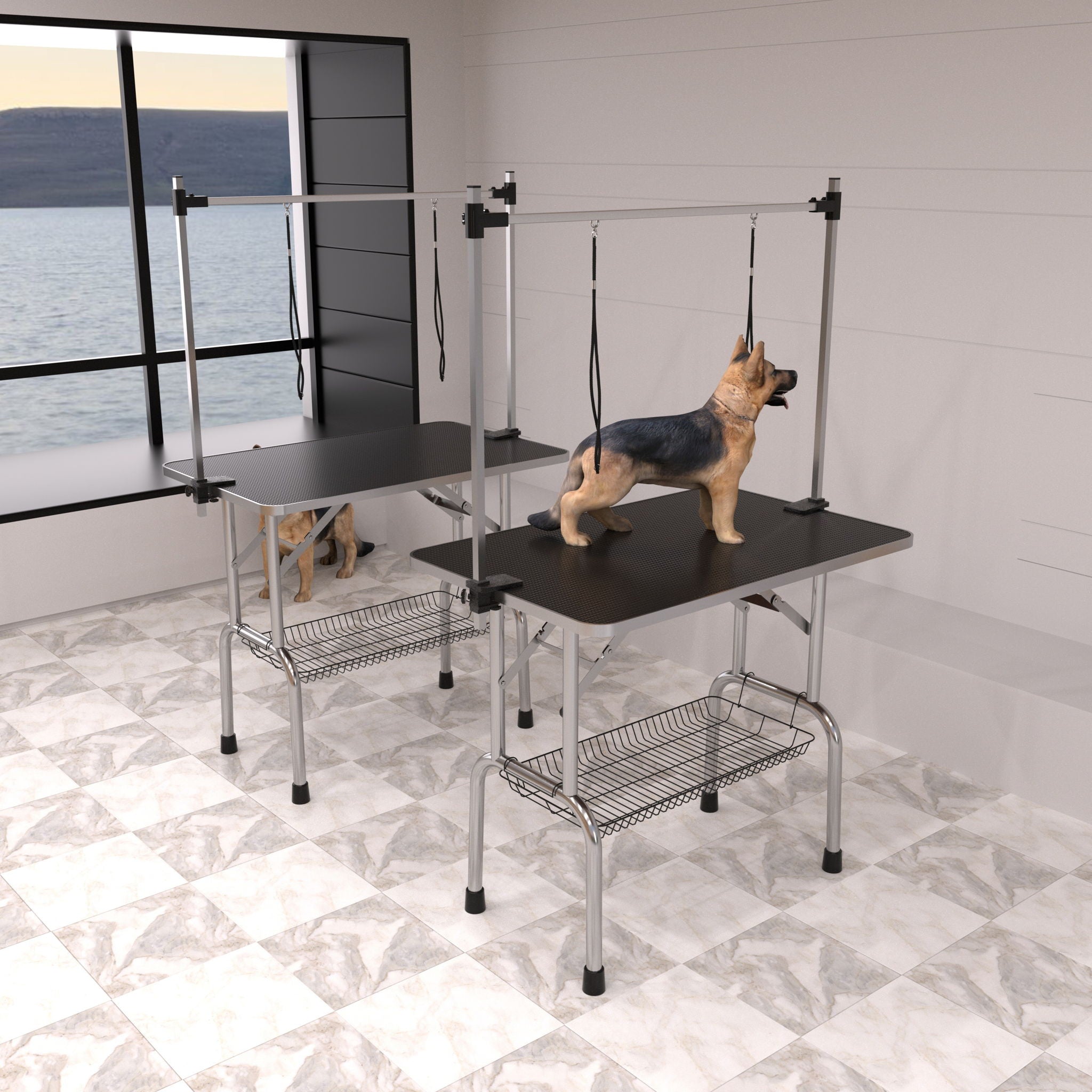 Professional Dog Pet Grooming Table Large Adjustable Heavy Duty Portable With Arm & Noose & Mesh Tray - Black