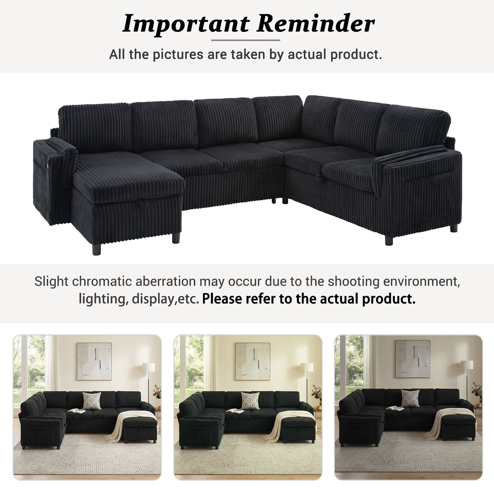 Convertible U-Shaped Sectional Sofa Bed With USB Ports And Storage