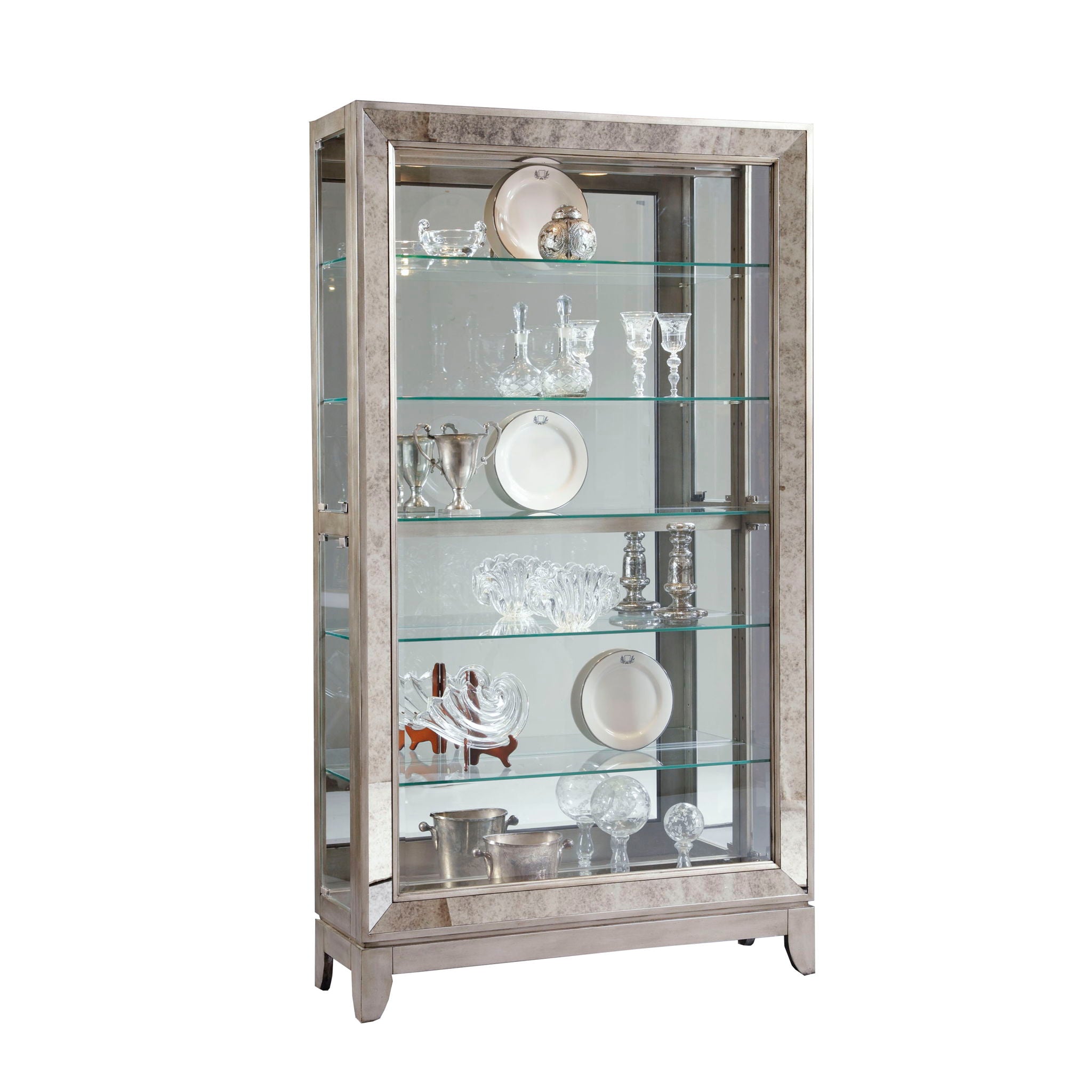 PFC Curios - Antique Style 5 Shelf Mirrored Curio Cabinet - Aged Silver